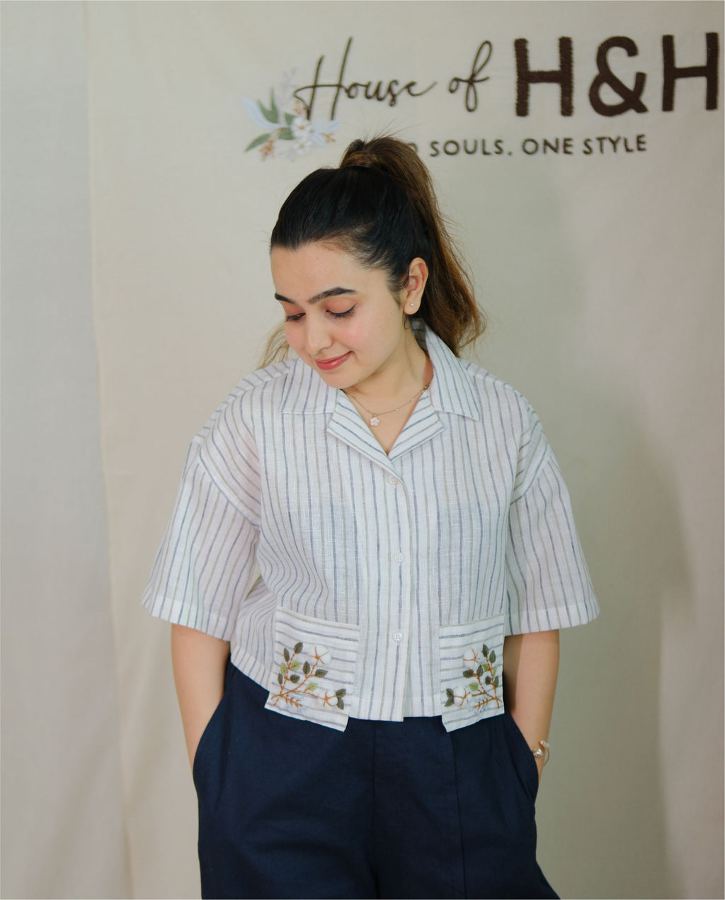 Couple Cotton Linen Shirt – Hand Embroidered Blue Striped