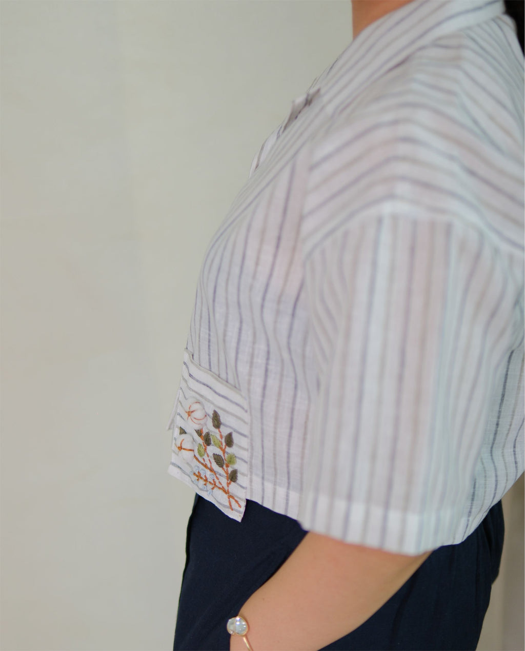 Couple Cotton Linen Shirt – Hand Embroidered Blue Striped