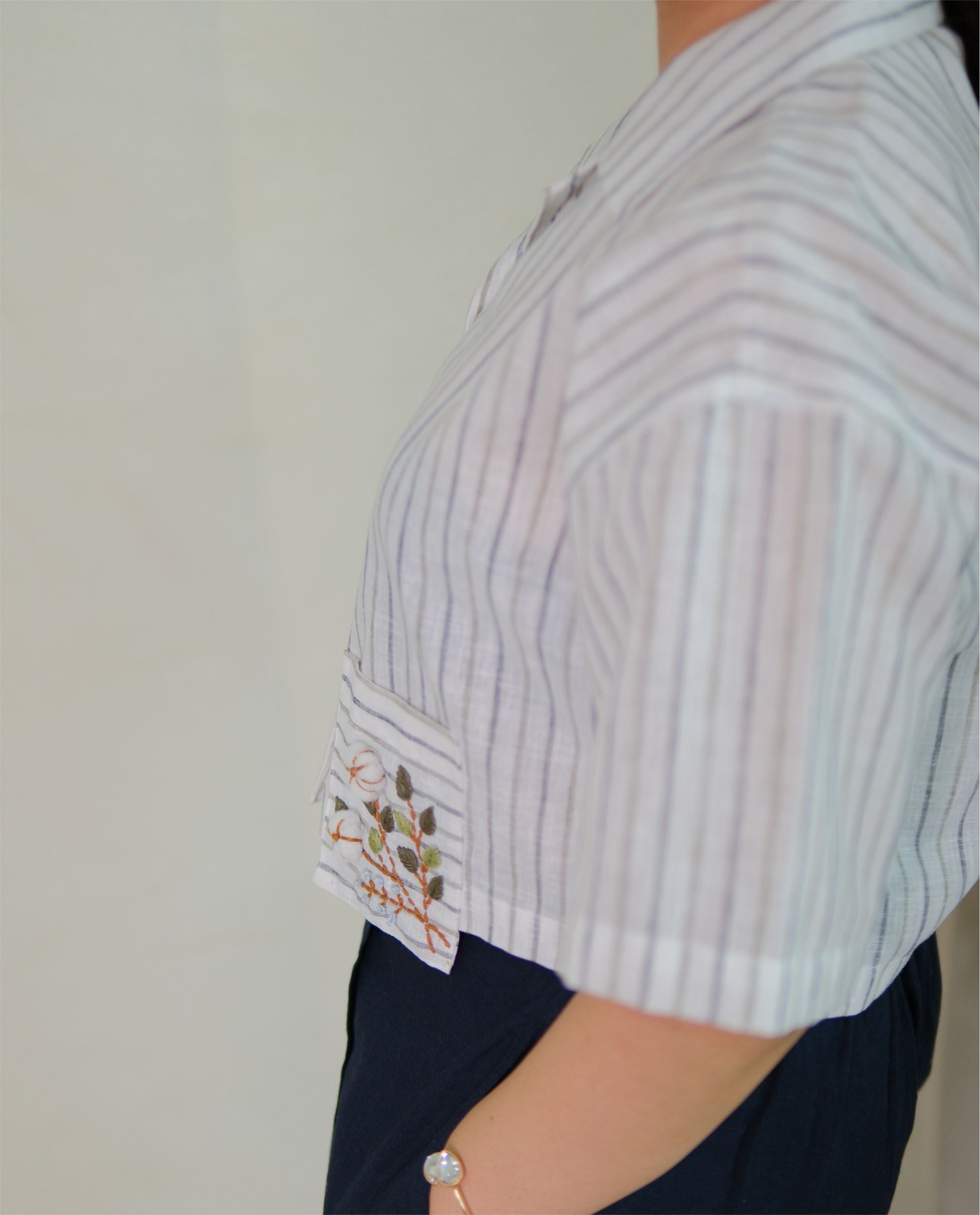 Couple Cotton Linen Shirt – Hand Embroidered Blue Striped