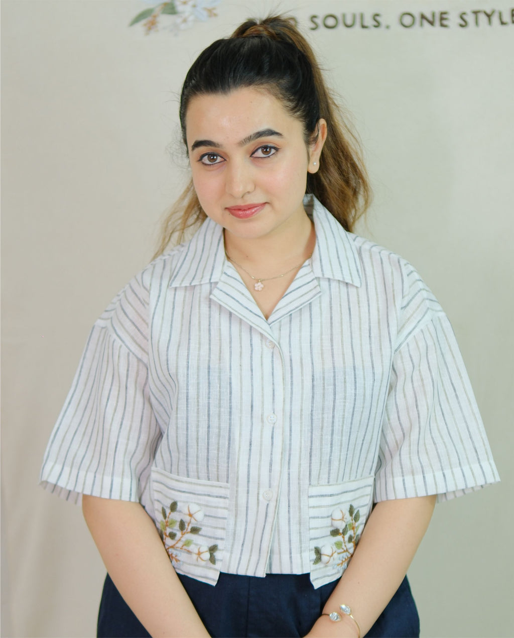 Couple Cotton Linen Shirt – Hand Embroidered Blue Striped