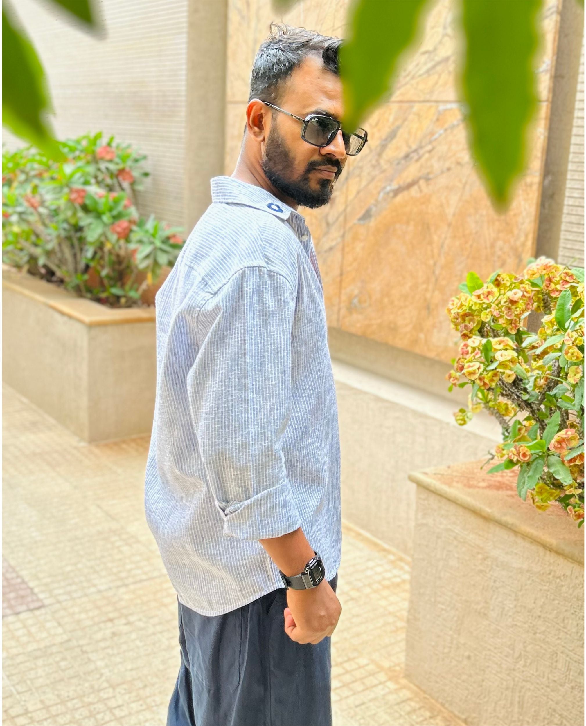 Men’s Cotton Linen Shirt – Hand Embroidered Blue Striped