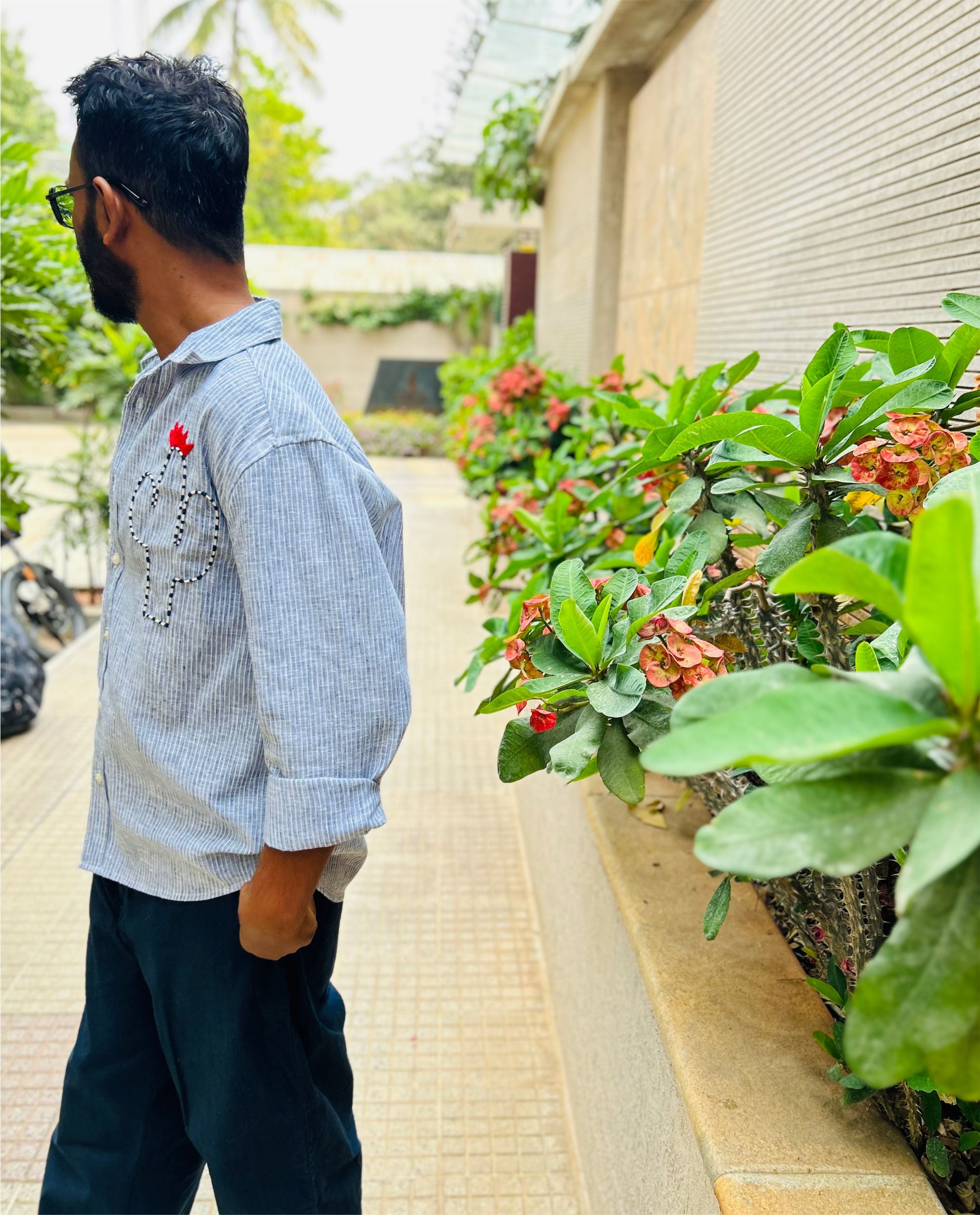 Men’s Cotton Linen Shirt – Hand Embroidered Blue Striped