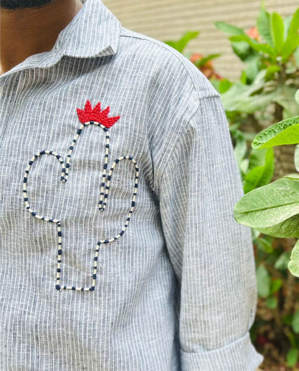 Men’s Cotton Linen Shirt – Hand Embroidered Blue Striped