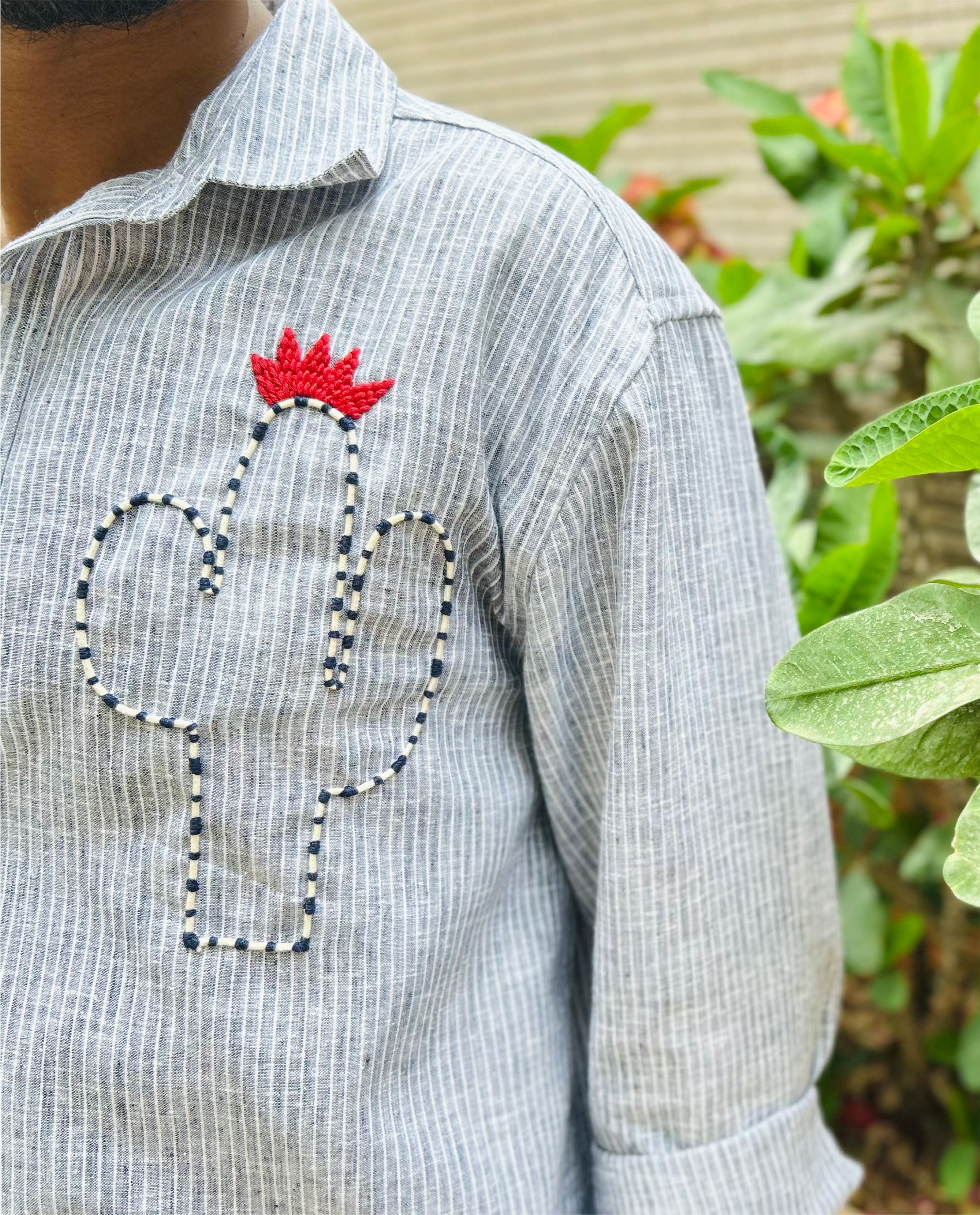 Men’s Cotton Linen Shirt – Hand Embroidered Blue Striped