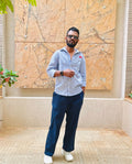 Men’s Cotton Linen Shirt – Hand Embroidered Blue Striped
