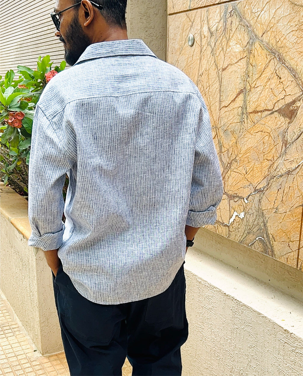 Men’s Cotton Linen Shirt – Hand Embroidered Blue Striped