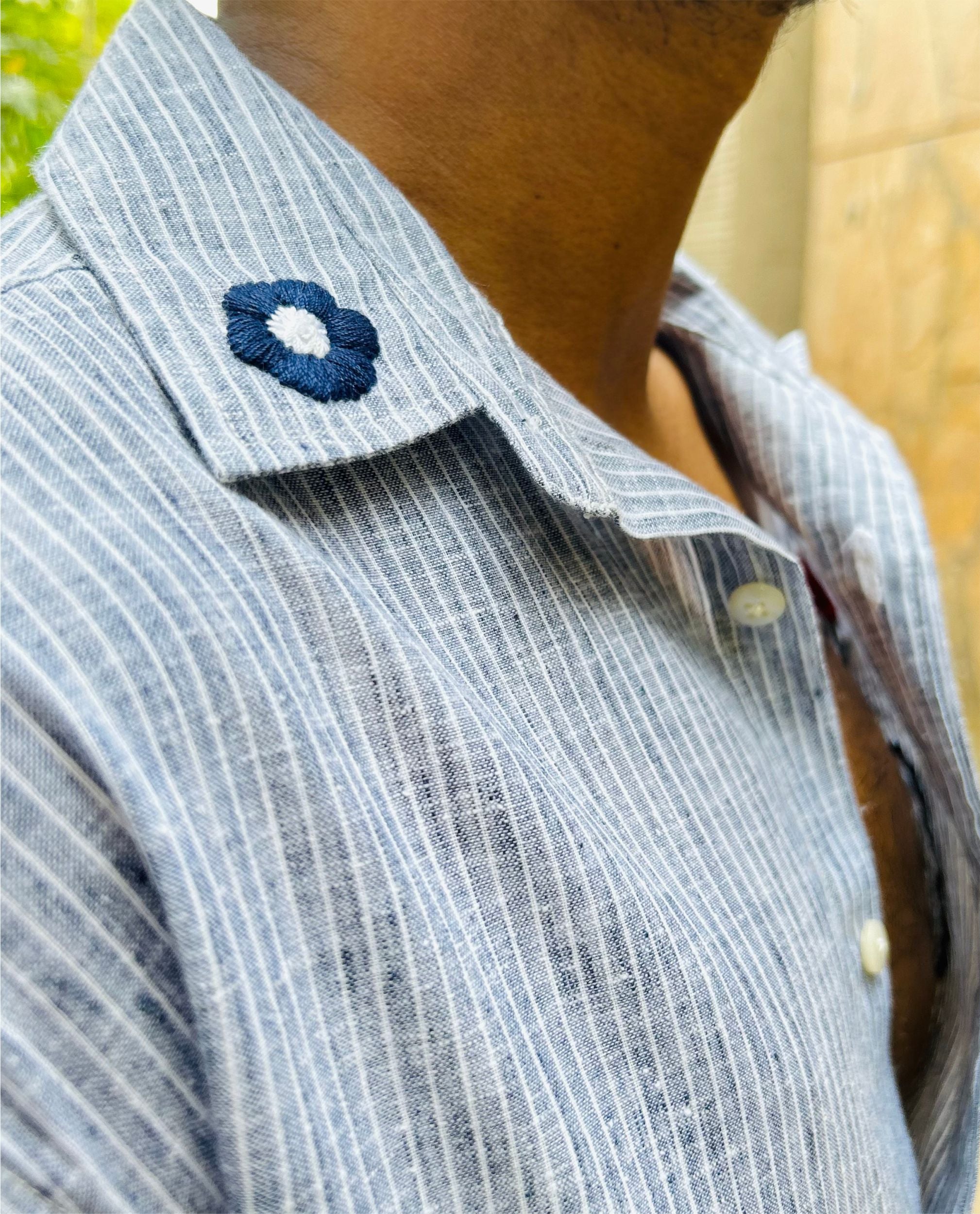 Men’s Cotton Linen Shirt – Hand Embroidered Blue Striped