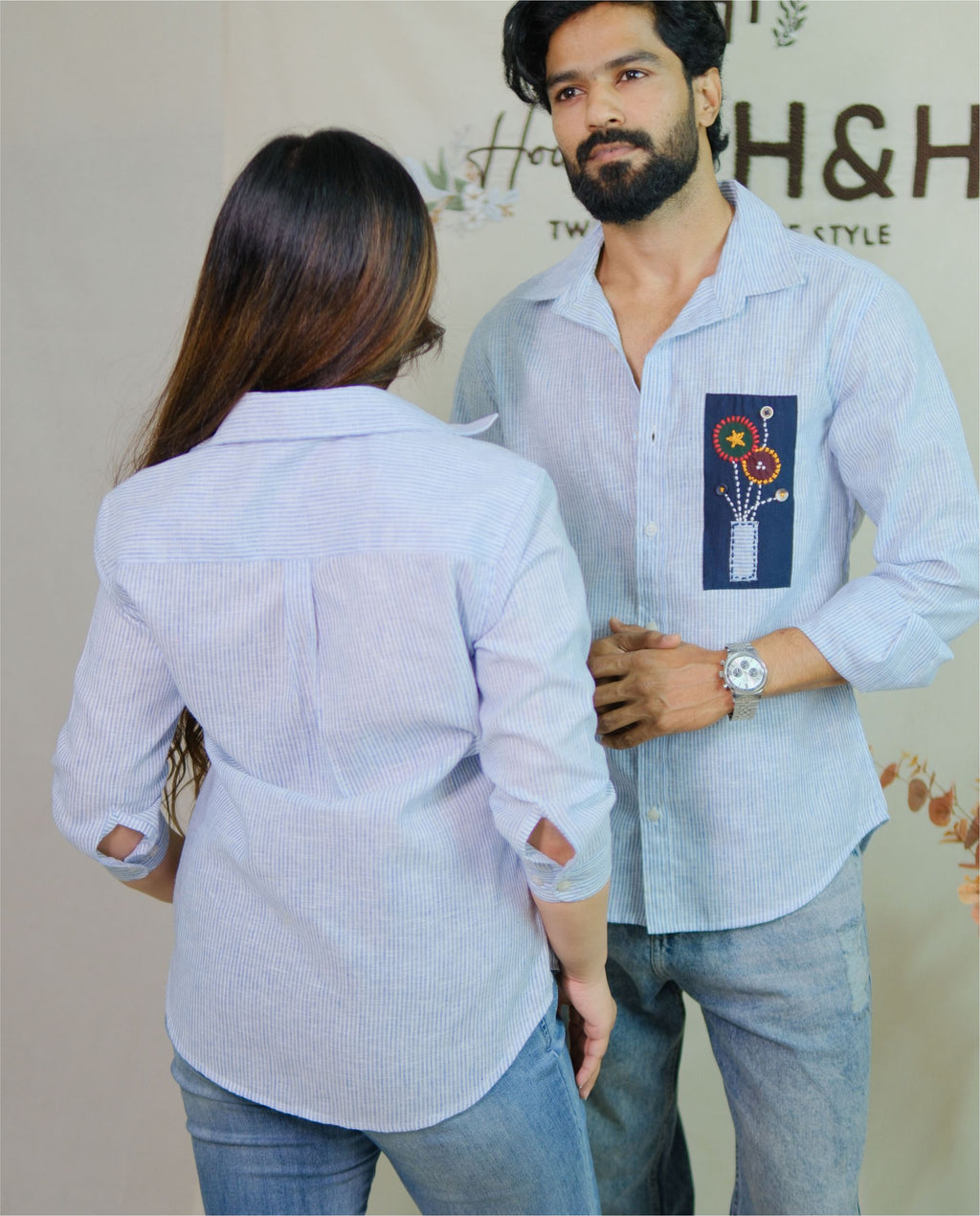 Couple Cotton Linen Shirts - Patch Hand Embroidery Blue