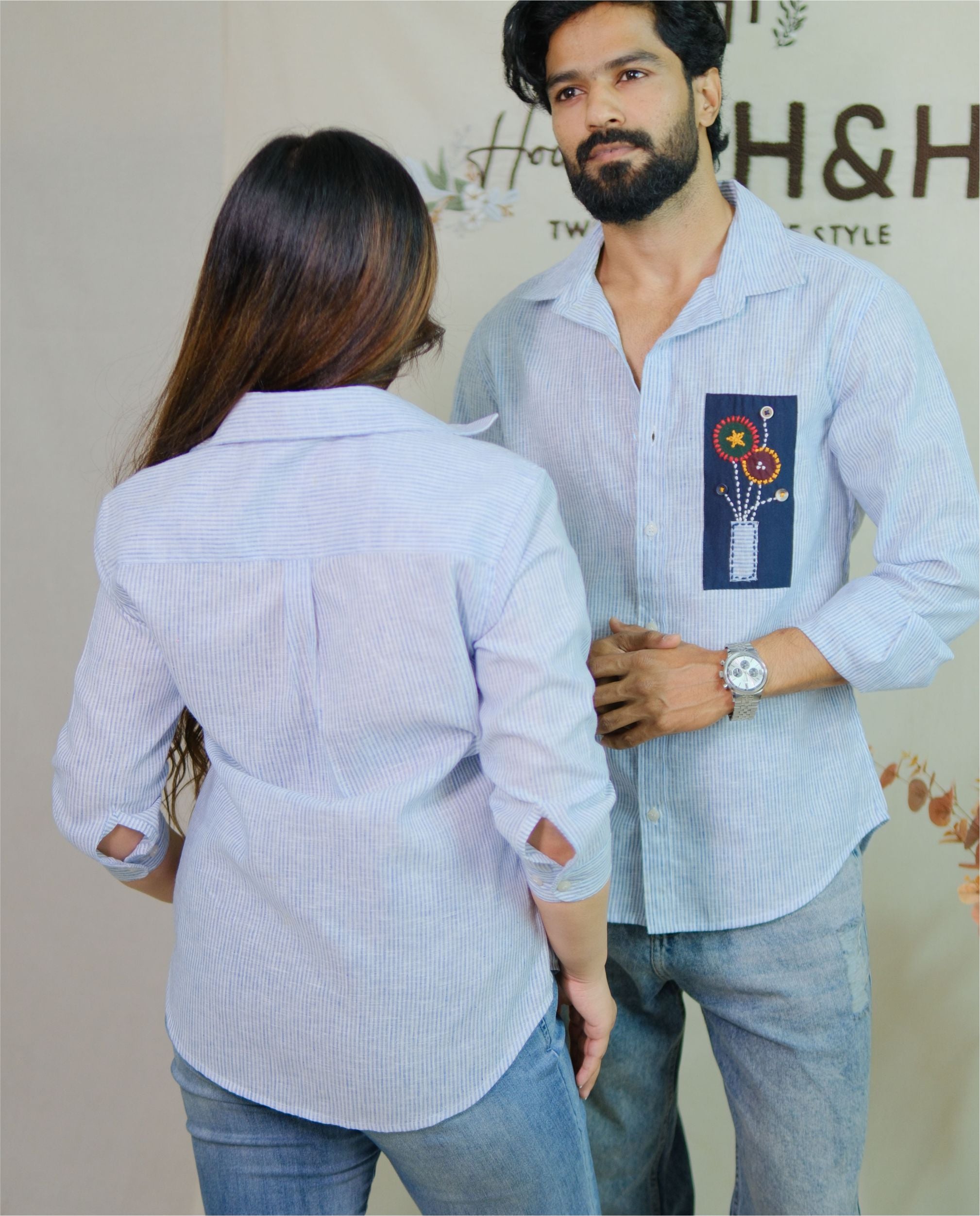 Couple Cotton Linen Shirts - Patch Hand Embroidery Blue