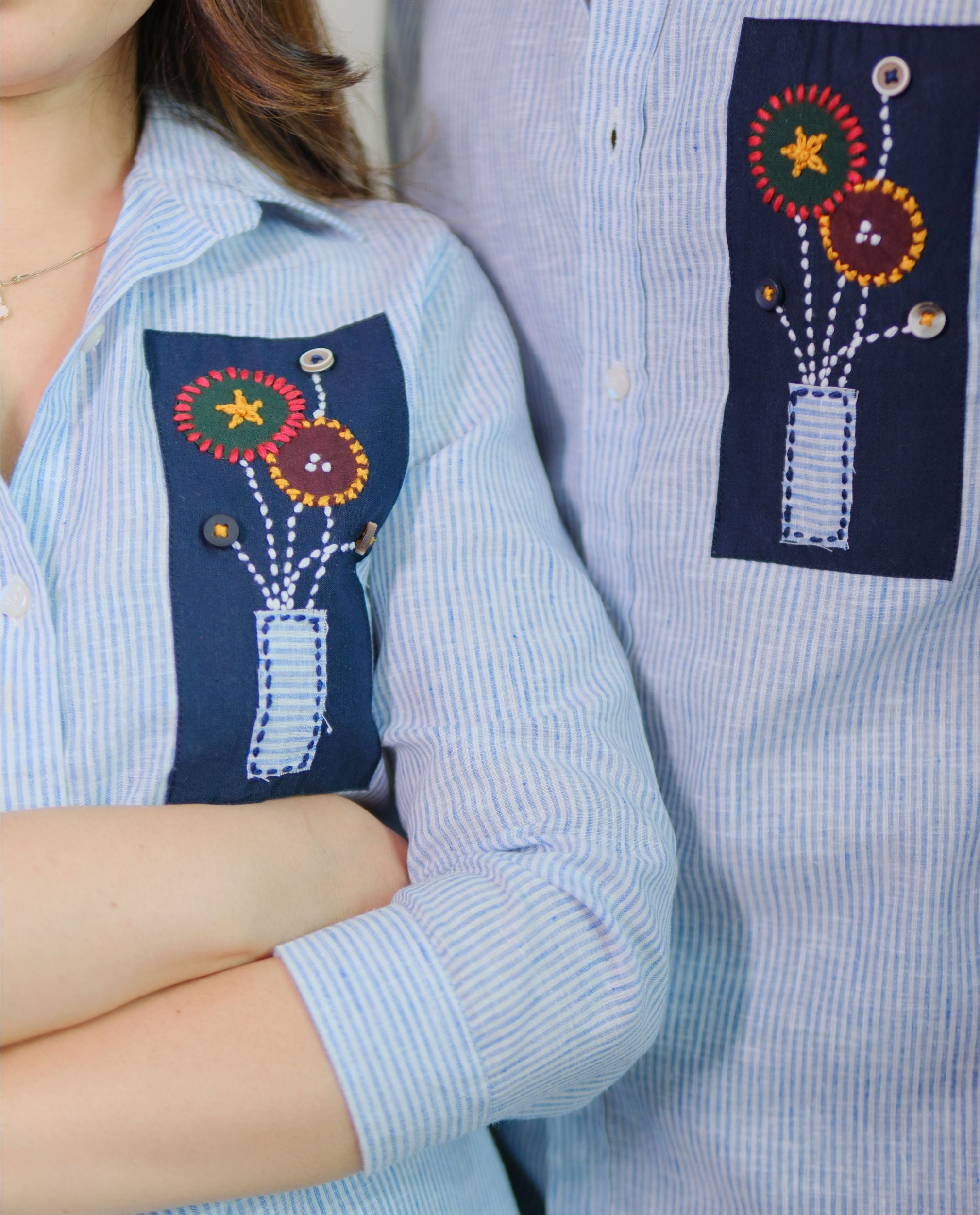 Couple Cotton Linen Shirts - Patch Hand Embroidery Blue
