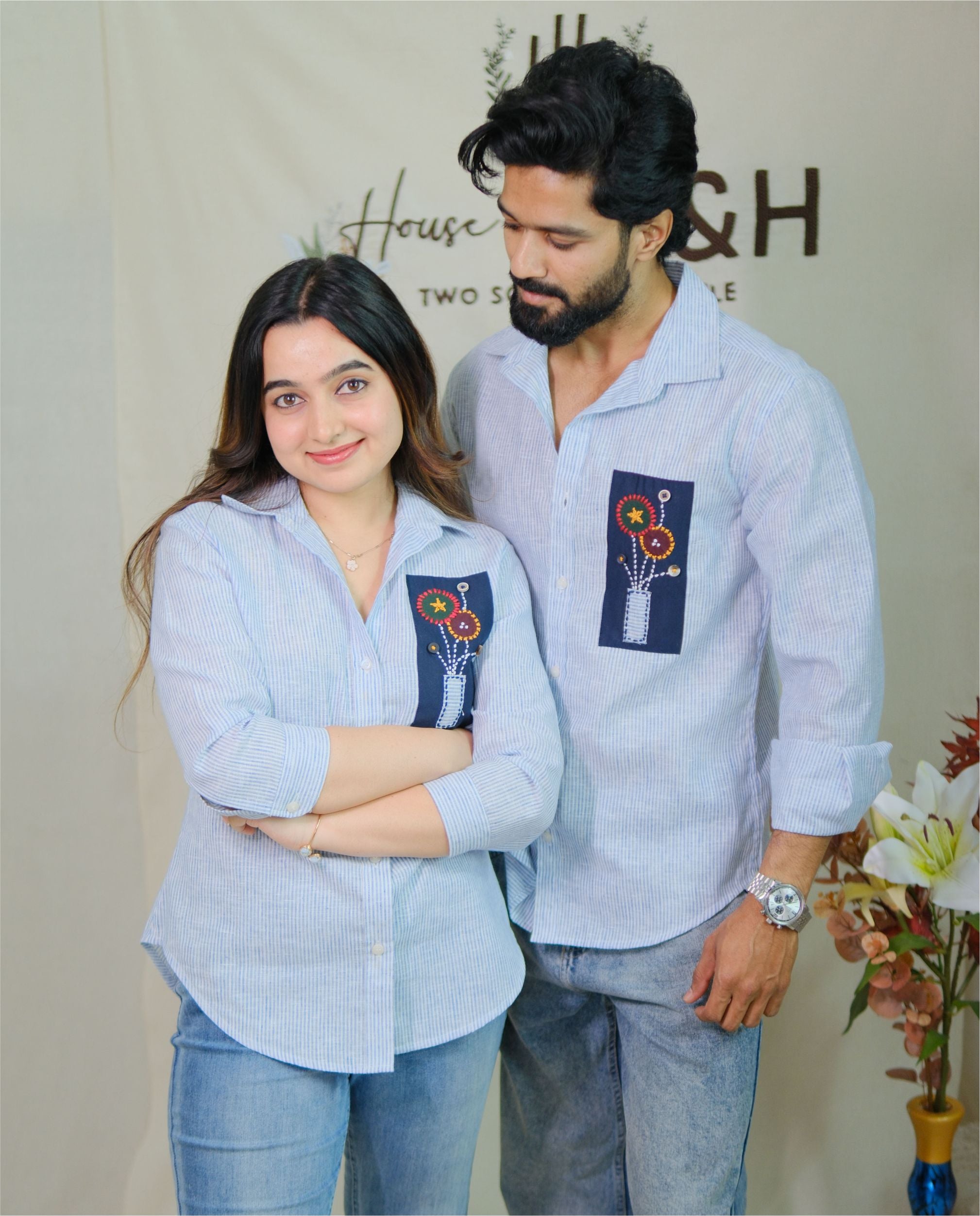 Couple Cotton Linen Shirts - Patch Hand Embroidery Blue