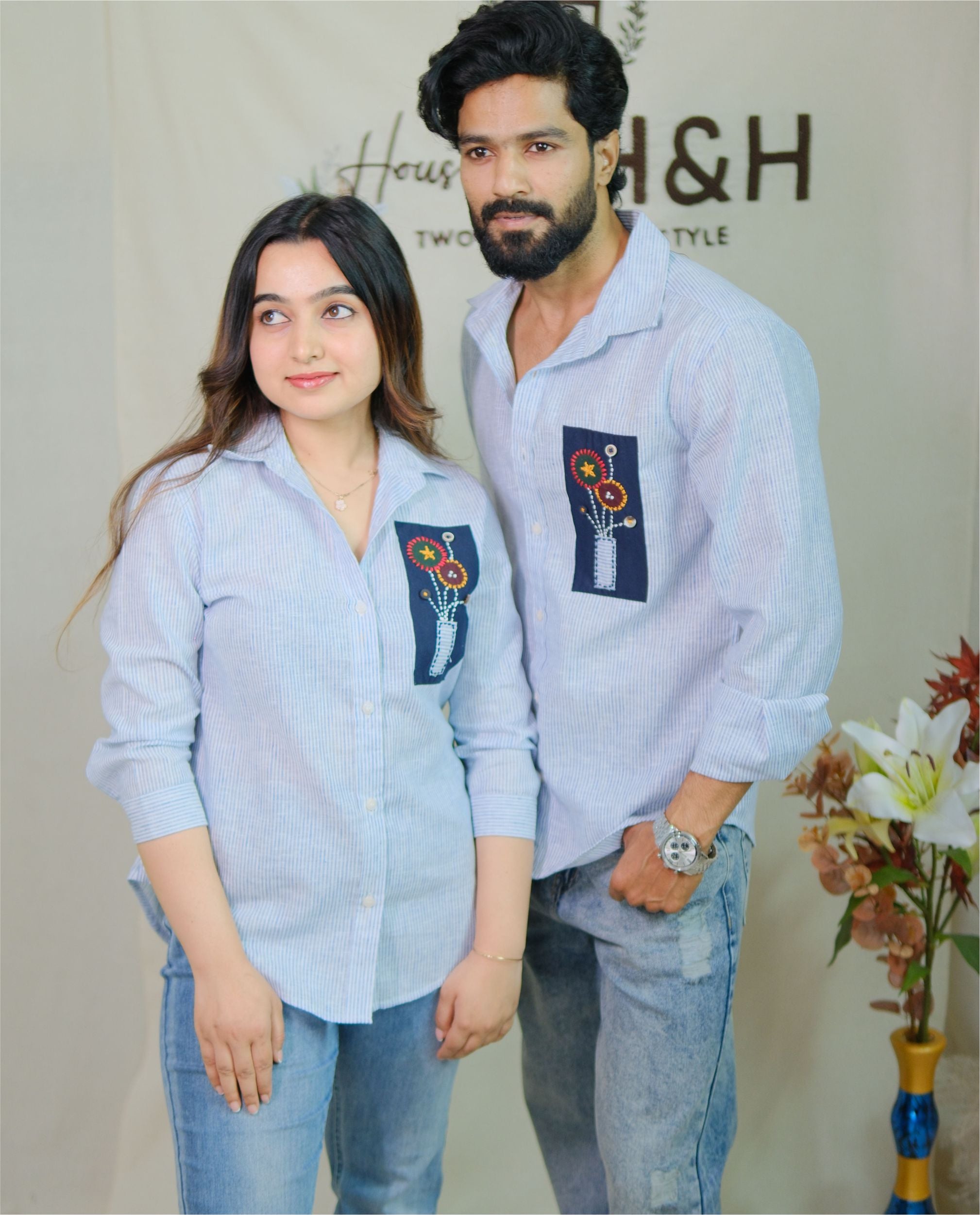 Couple Cotton Linen Shirts - Patch Hand Embroidery Blue