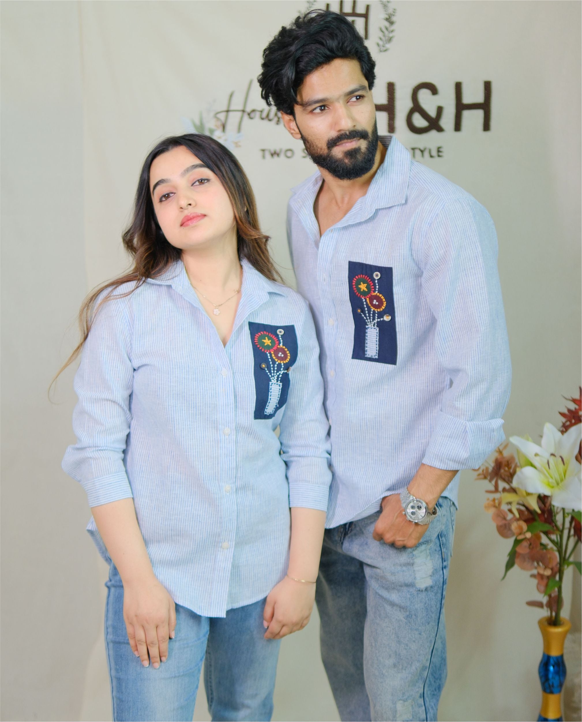 Couple Cotton Linen Shirts - Patch Hand Embroidery Blue