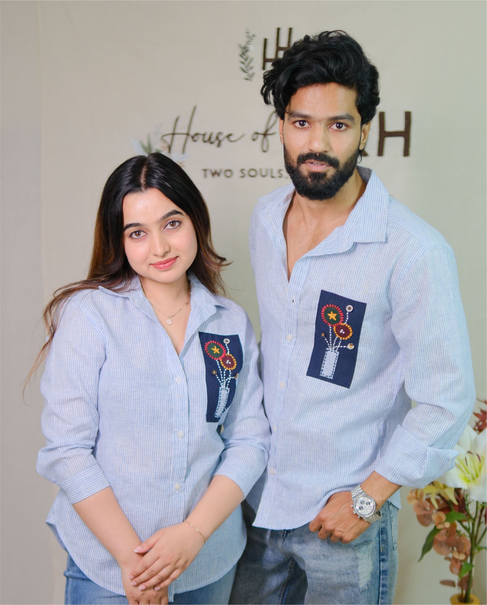 Couple Cotton Linen Shirts - Patch Hand Embroidery Blue
