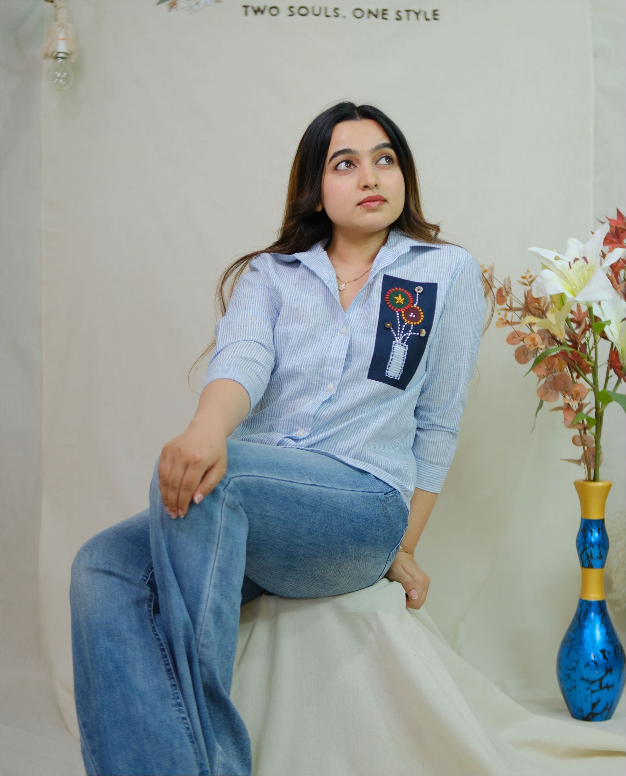 Couple Cotton Linen Shirts - Patch Hand Embroidery Blue