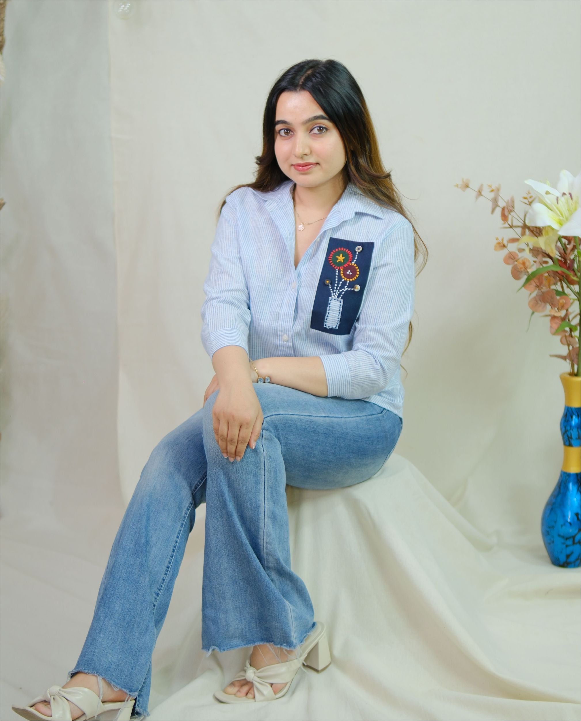 Couple Cotton Linen Shirts - Patch Hand Embroidery Blue