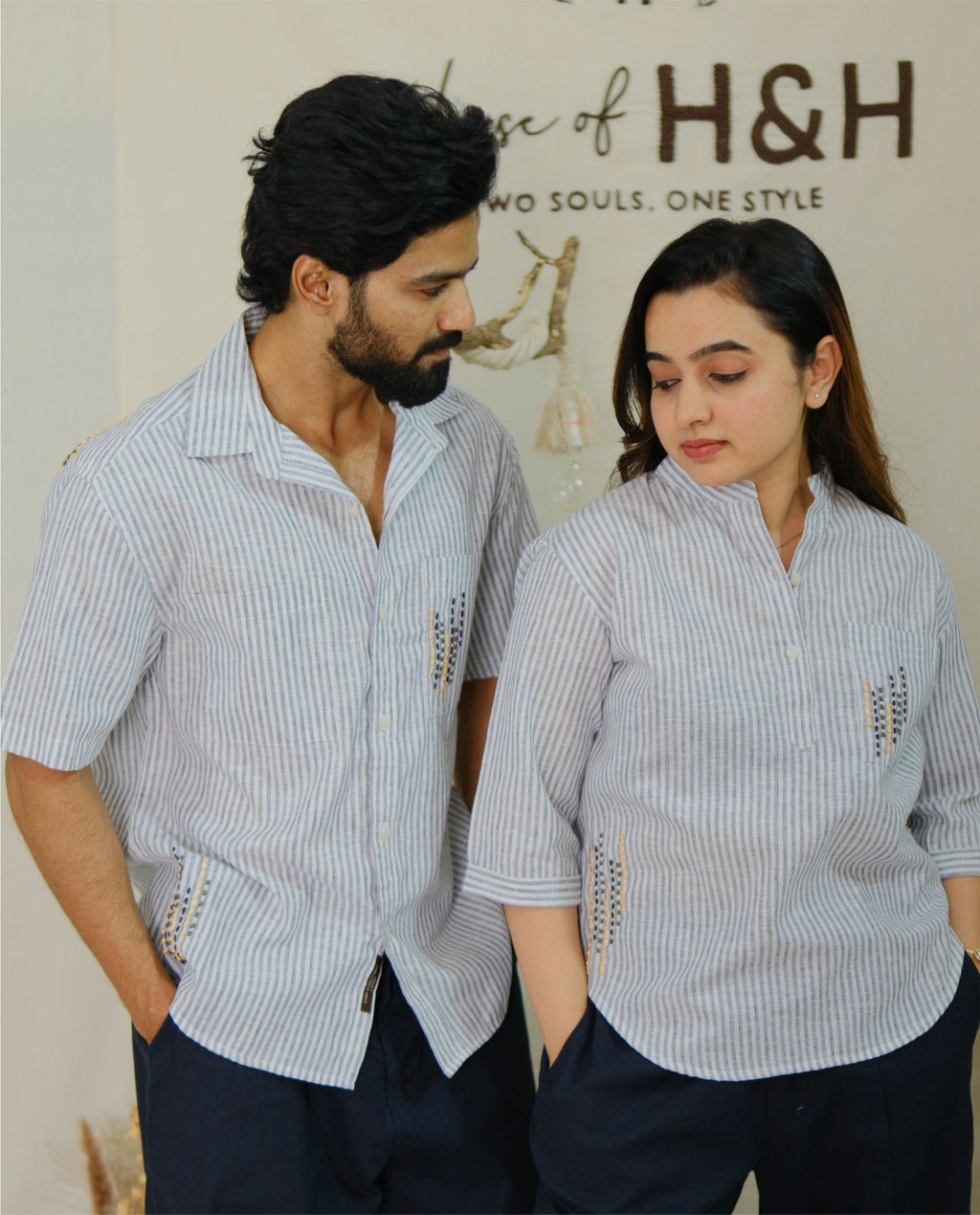 Couple Cotton linen Set - Minimal Embroidery Blue Striped