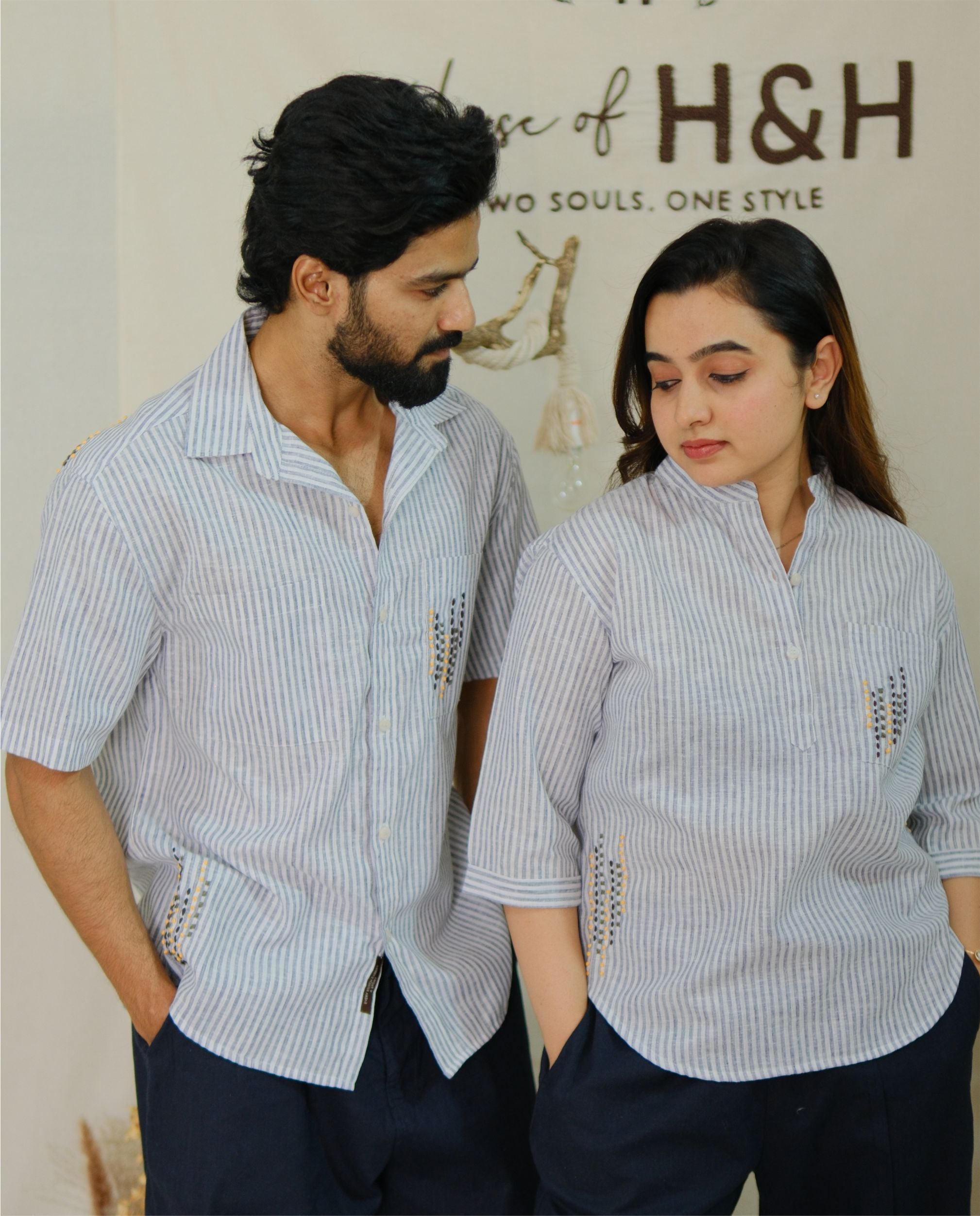 Couple Cotton linen Set - Minimal Embroidery Blue Striped