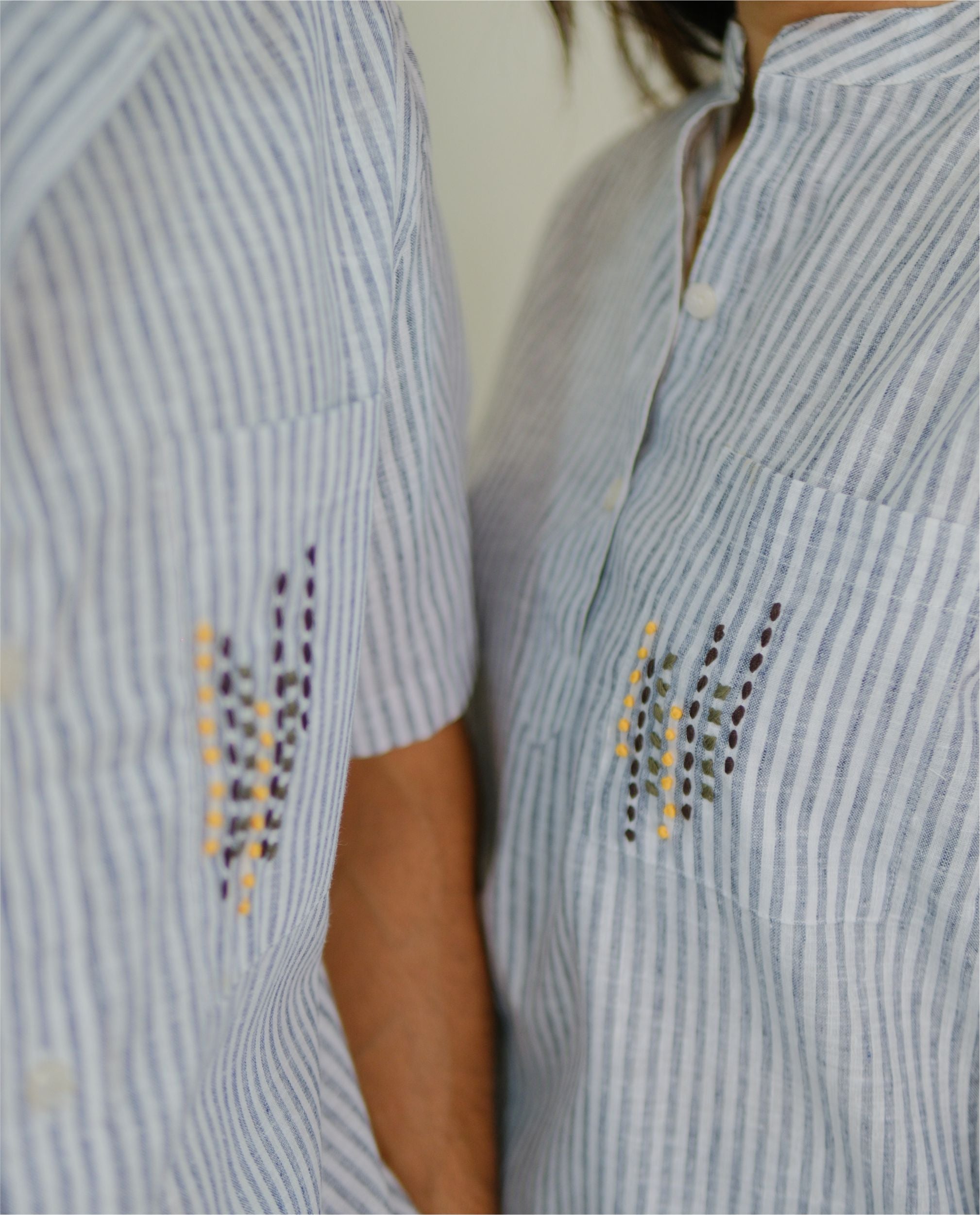 Couple Cotton linen Set - Minimal Embroidery Blue Striped