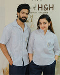 Couple Cotton linen Set - Minimal Embroidery Blue Striped