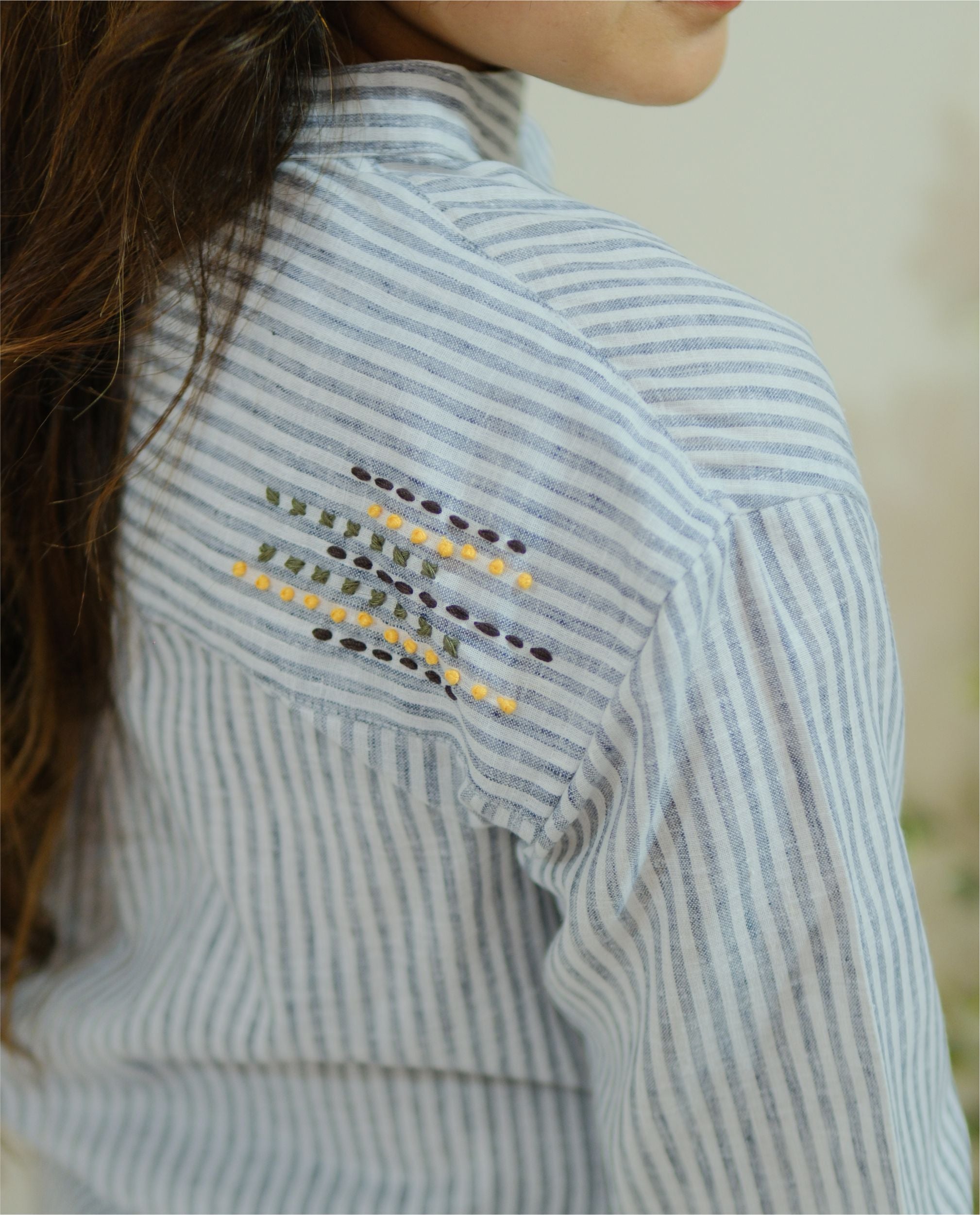 Couple Cotton linen Set - Minimal Embroidery Blue Striped