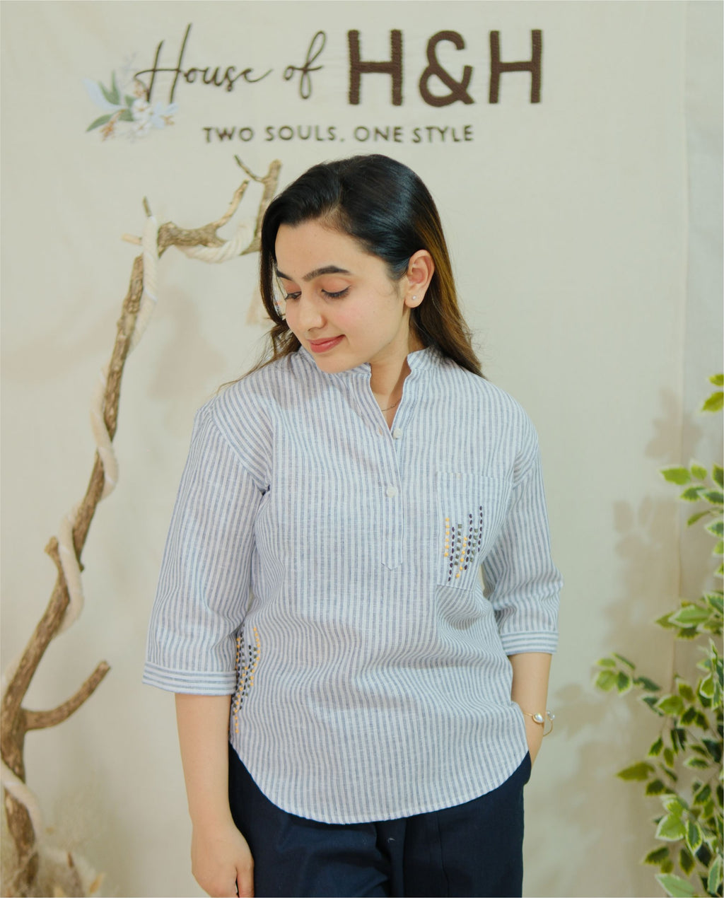 Couple Cotton linen Set - Minimal Embroidery Blue Striped