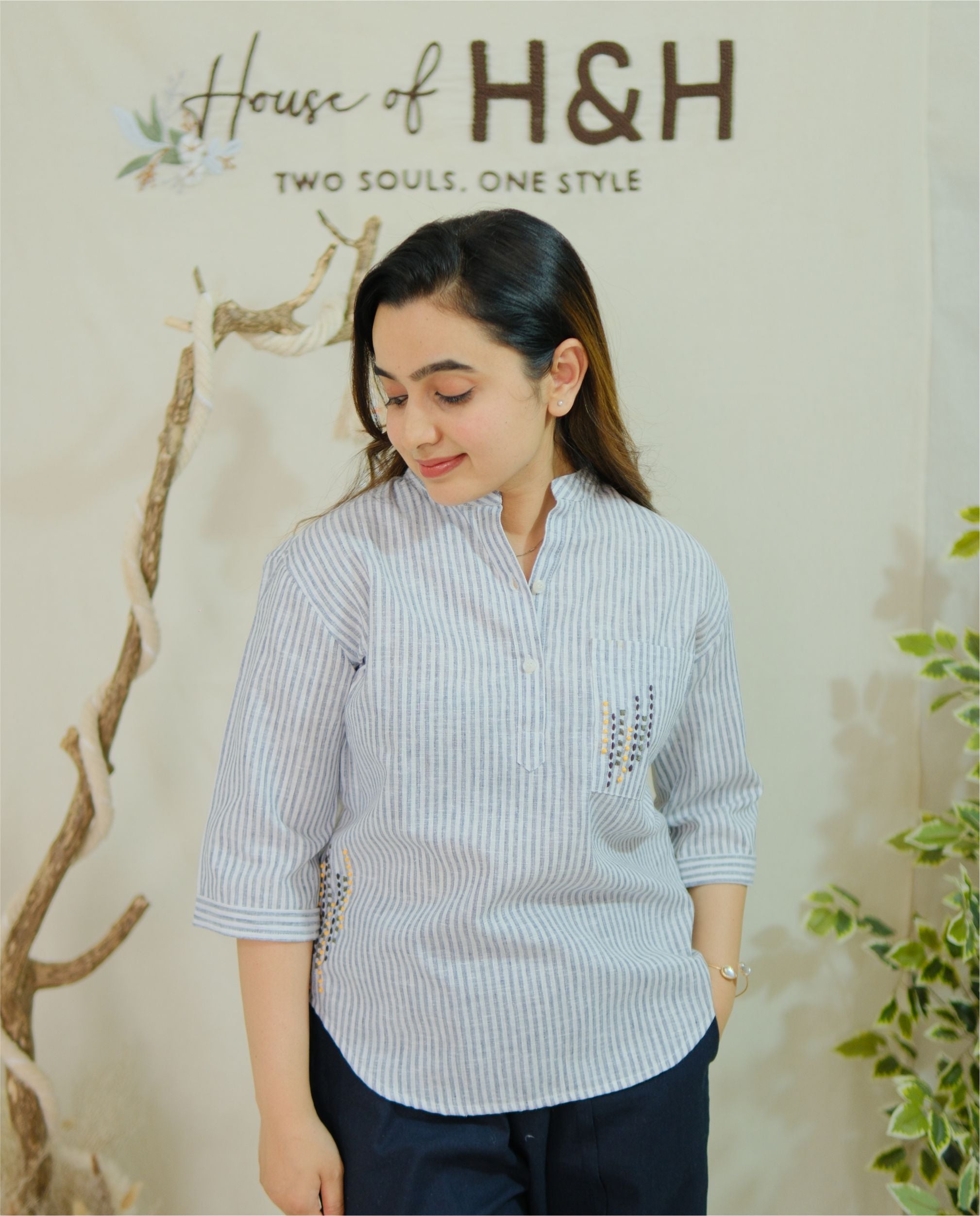 Couple Cotton linen Set - Minimal Embroidery Blue Striped