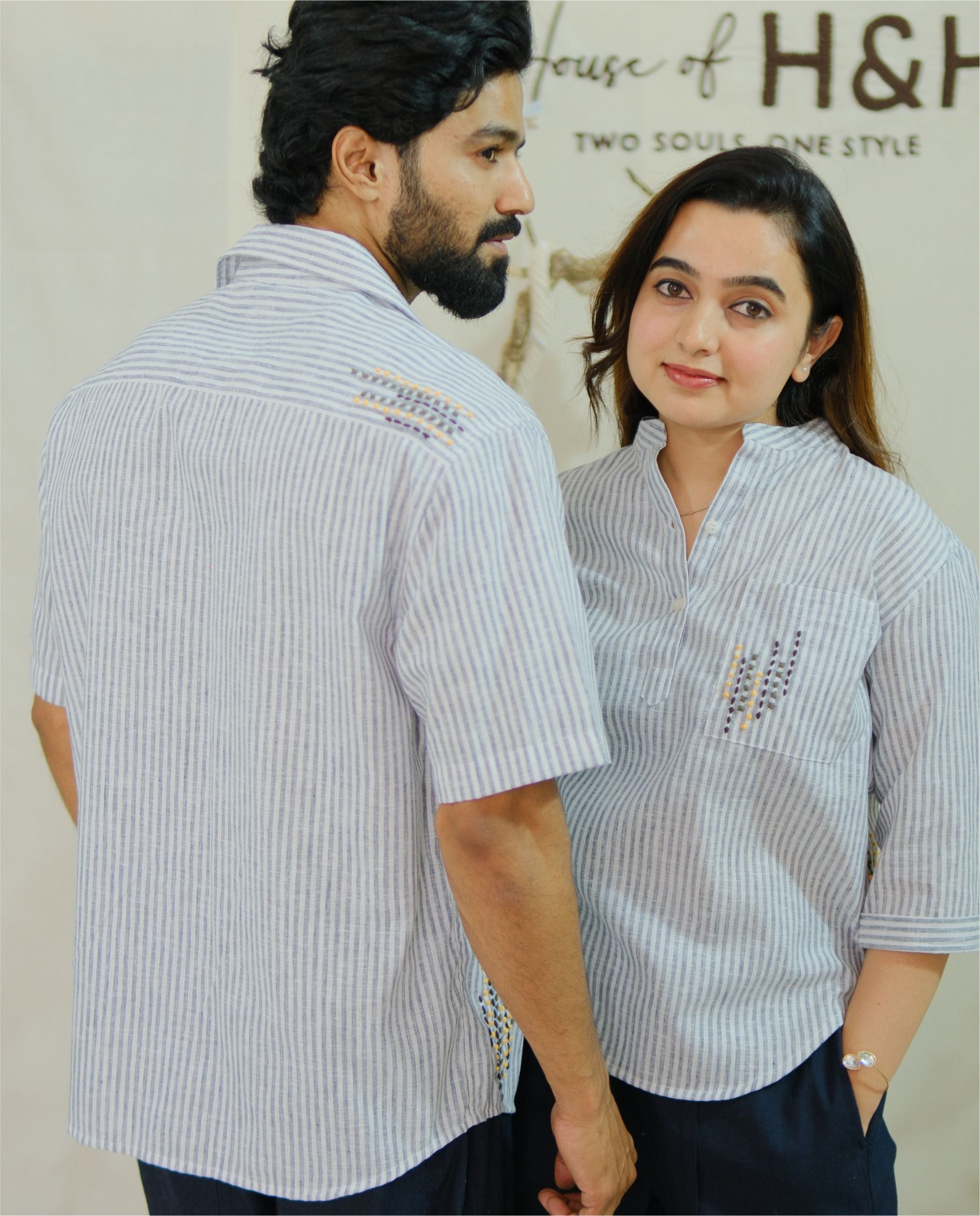 Couple Cotton linen Set - Minimal Embroidery Blue Striped