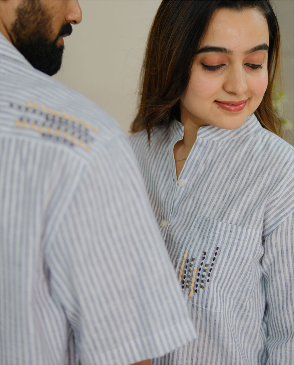 Couple Cotton linen Set - Minimal Embroidery Blue Striped