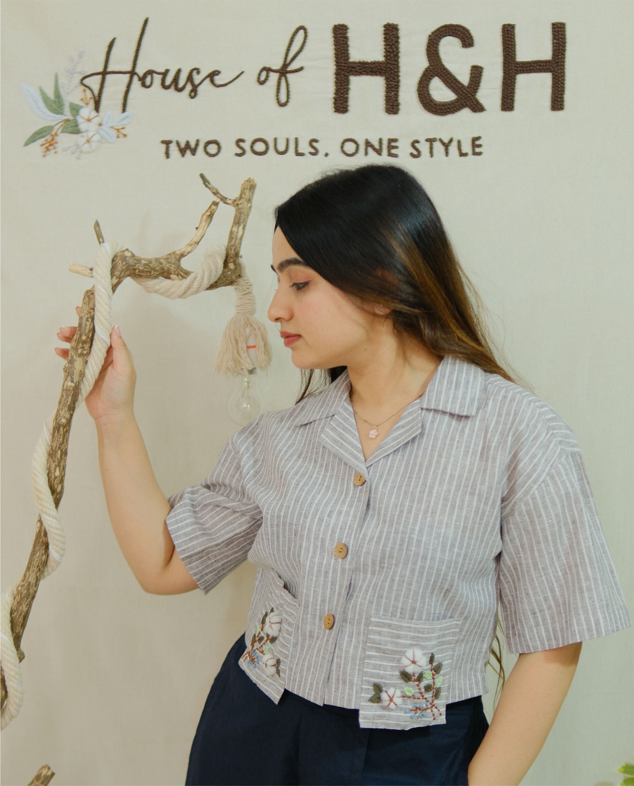 Women 100% Linen Cuban Shirt - Motif Hand embroidery Grey Striped