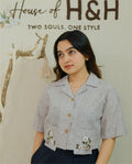 Women 100% Linen Cuban Shirt - Motif Hand embroidery Grey Striped
