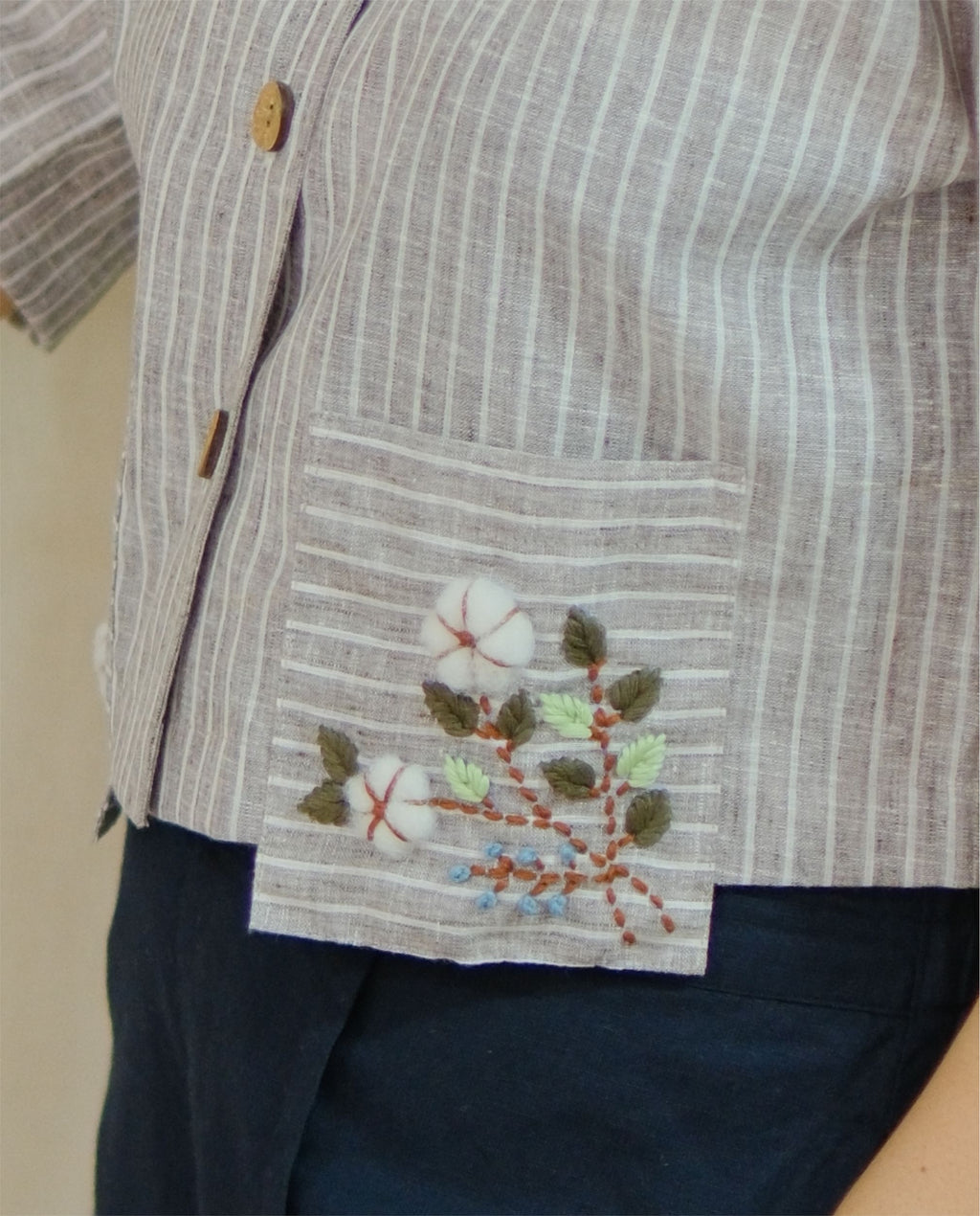 Women 100% Linen Cuban Shirt - Motif Hand embroidery Grey Striped