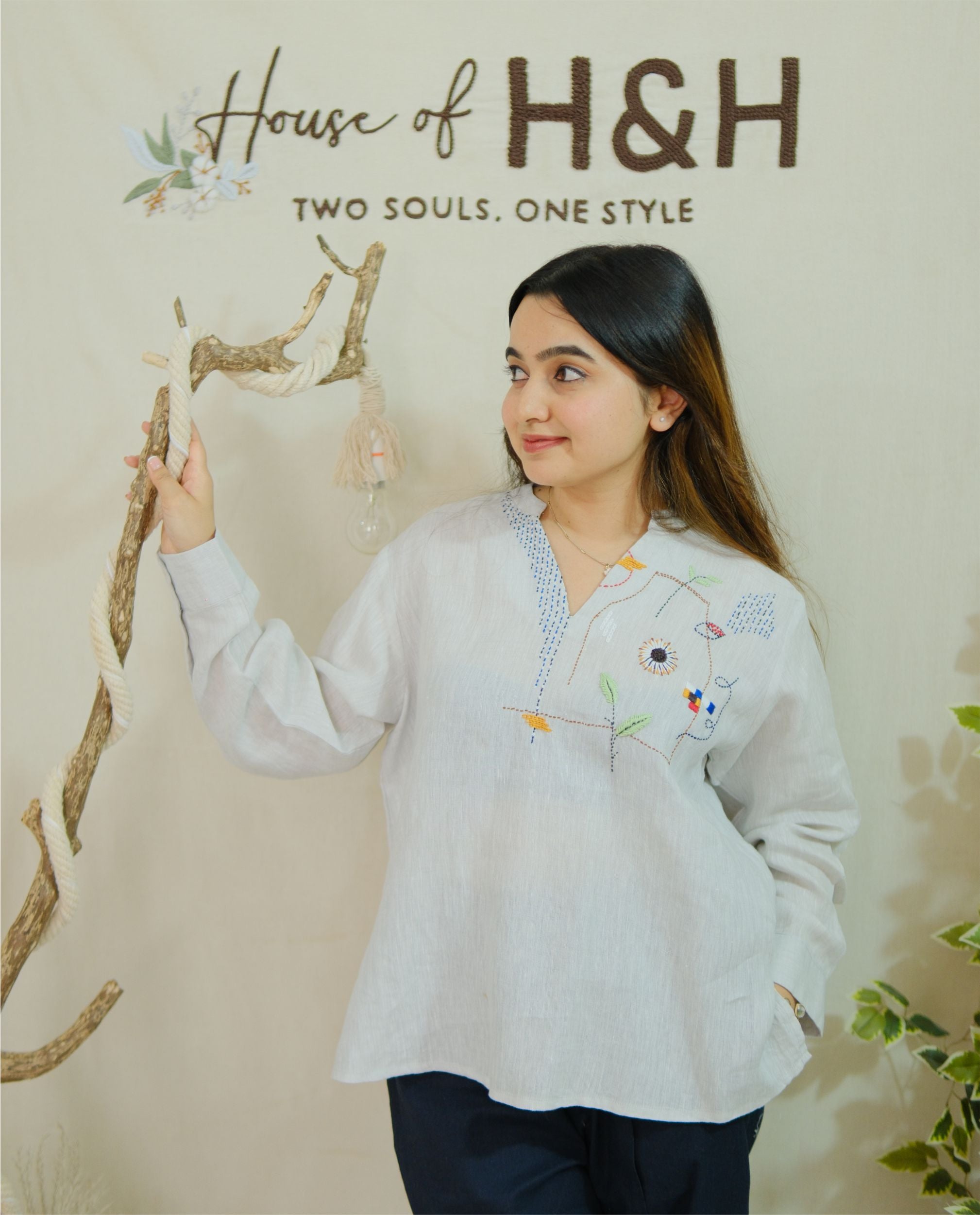 Women 100% Linen Top - Hand embroidery Ice Blue