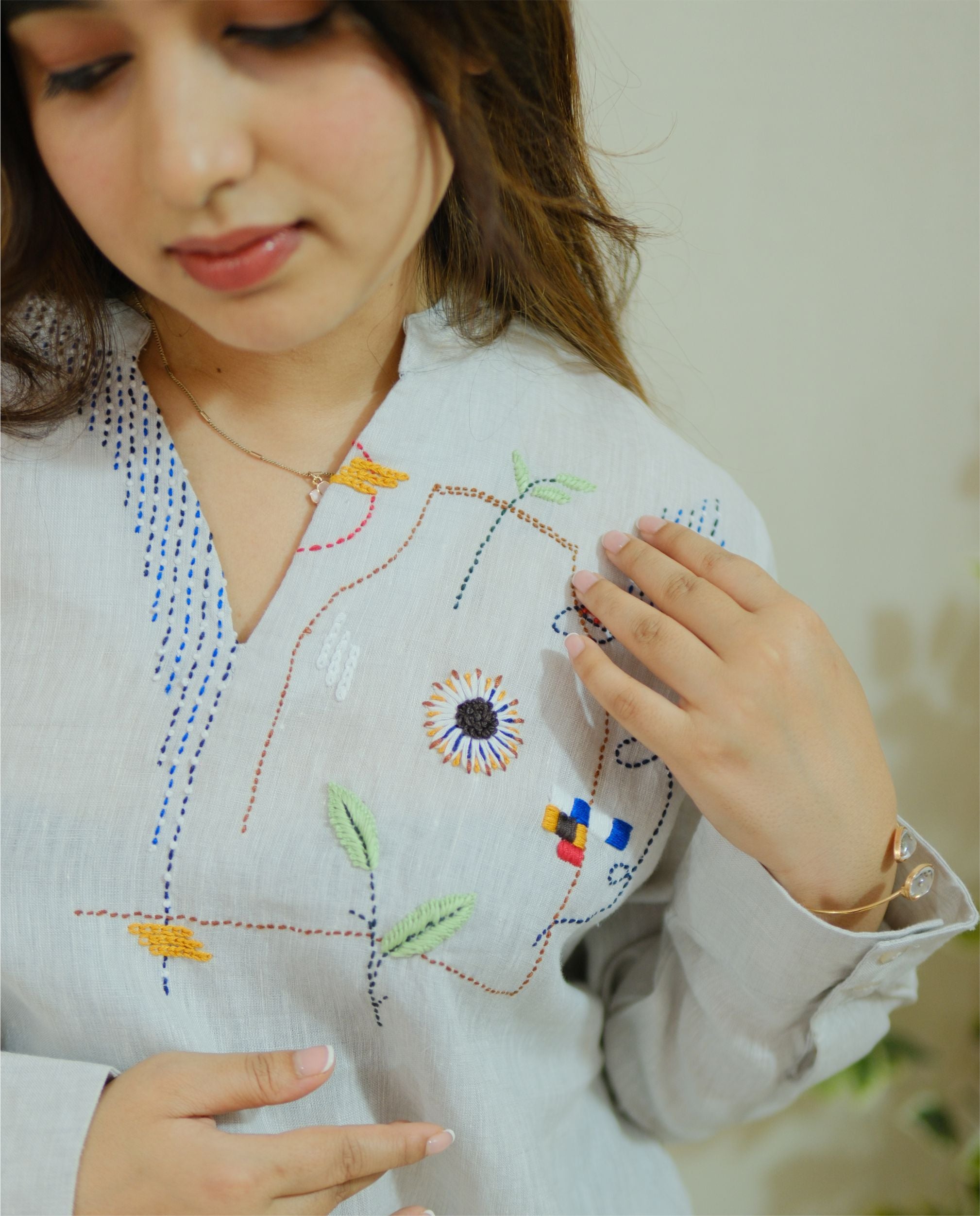 Women 100% Linen Top - Hand embroidery Ice Blue