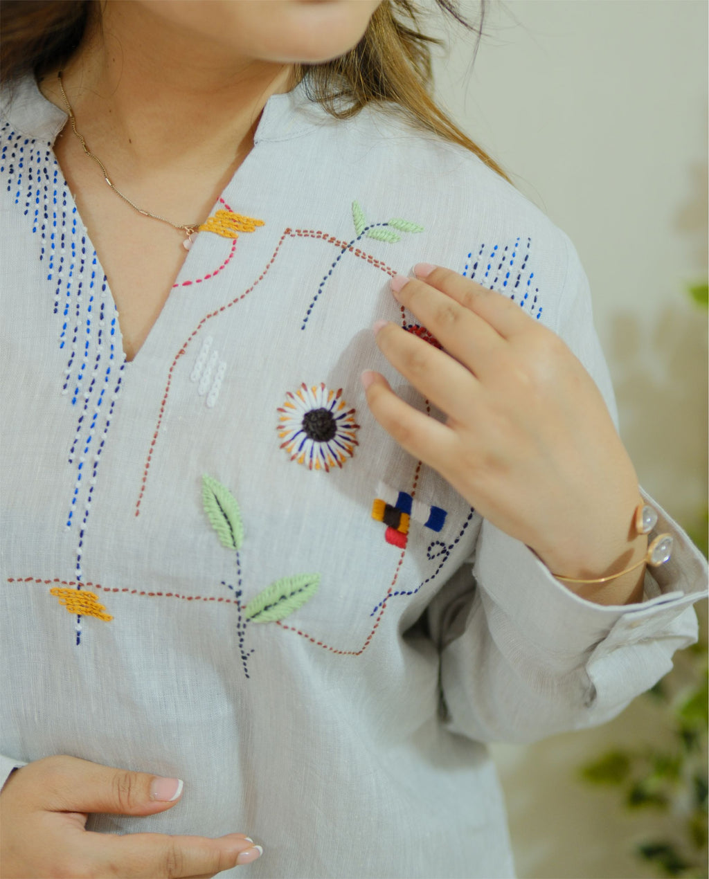 Women 100% Linen Top - Hand embroidery Ice Blue