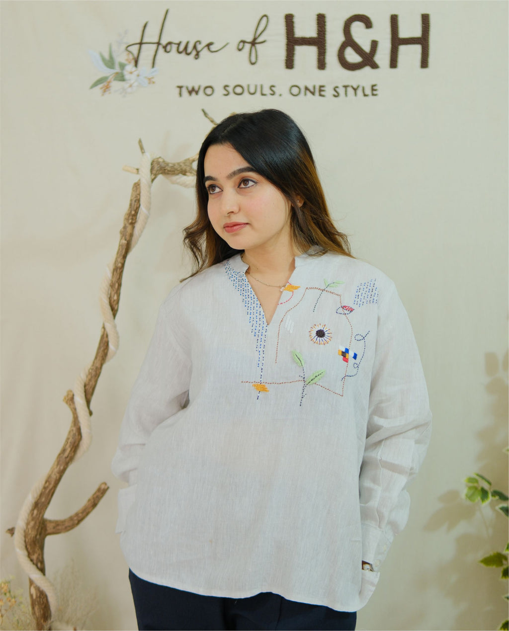 Women 100% Linen Top - Hand embroidery Ice Blue