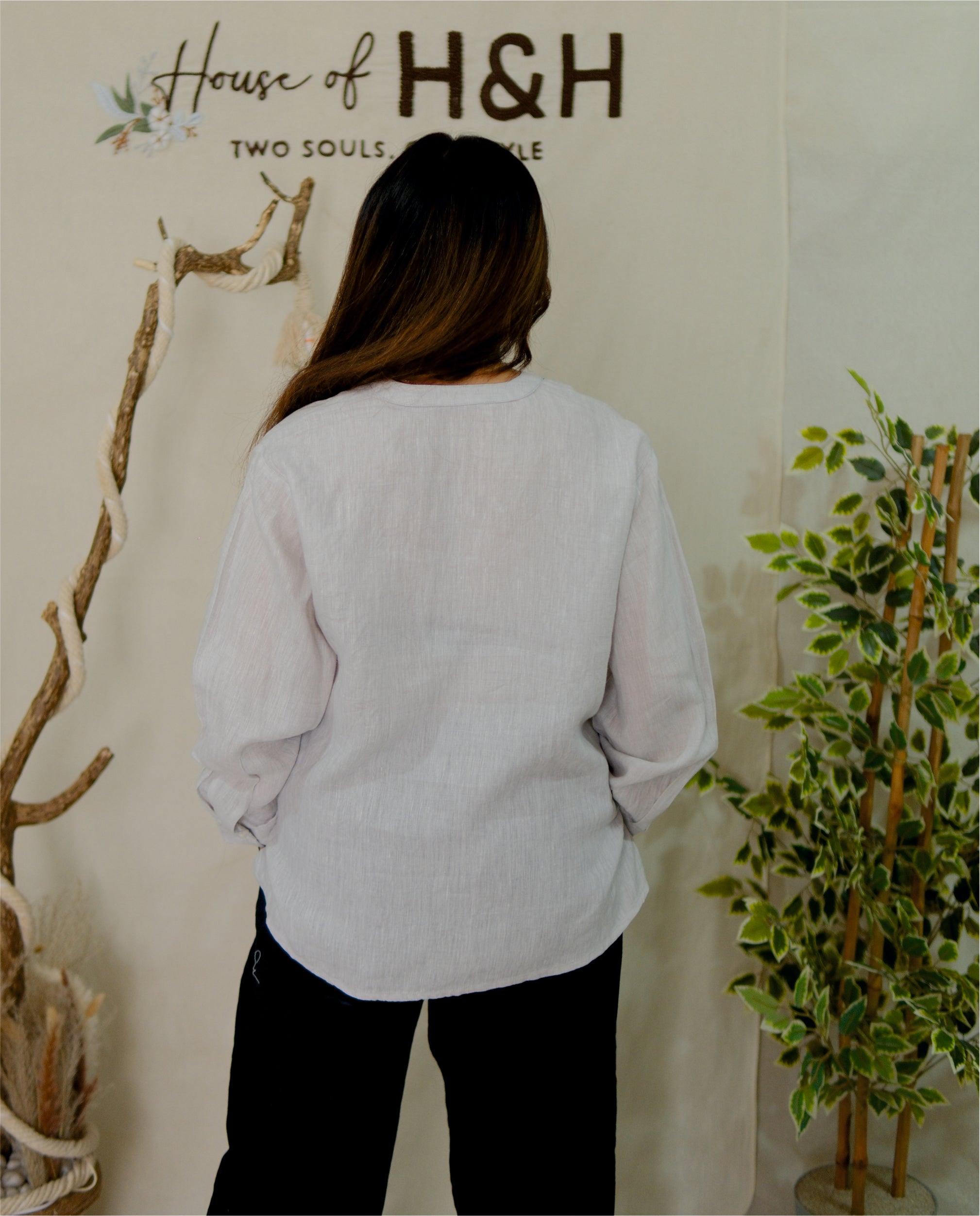Women 100% Linen Top - Hand embroidery Ice Blue