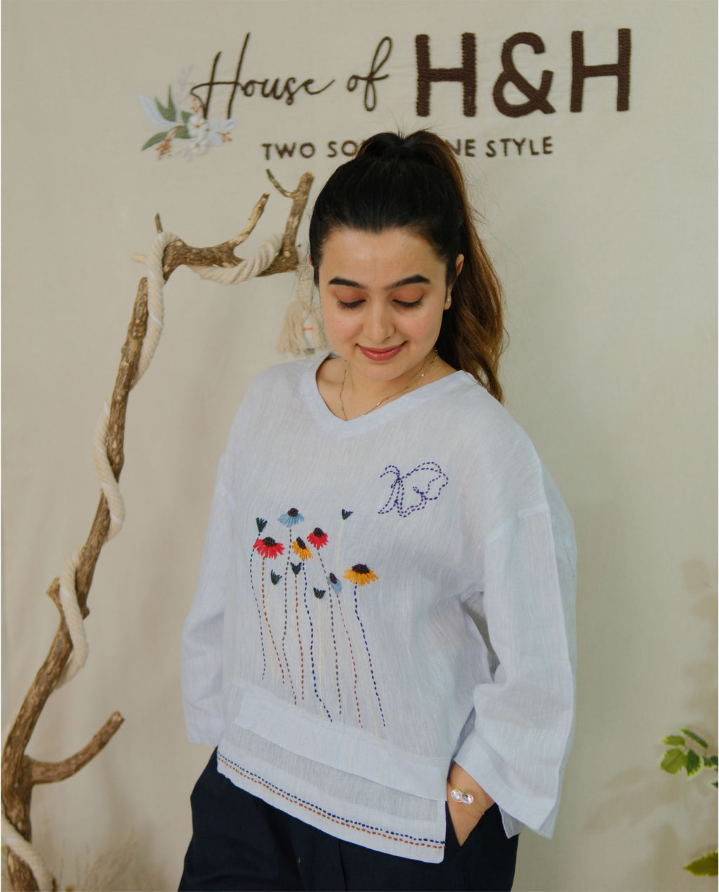 Women 100% Linen Top - Sunflowers Hand embroidery Ice Blue