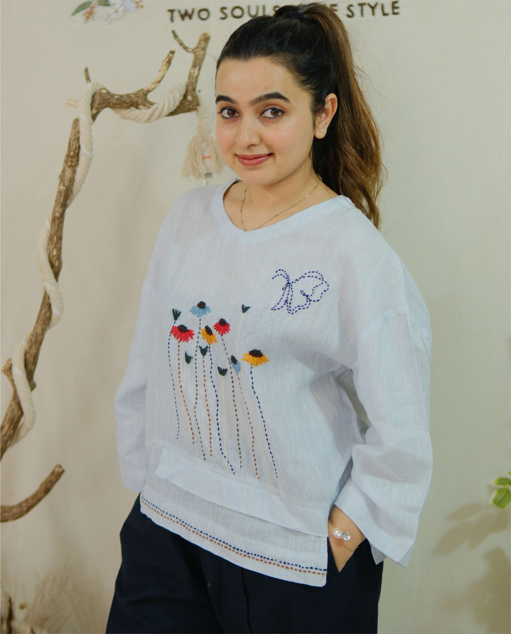 Women 100% Linen Top - Sunflowers Hand embroidery Ice Blue