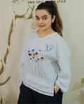 Women 100% Linen Top - Sunflowers Hand embroidery Ice Blue