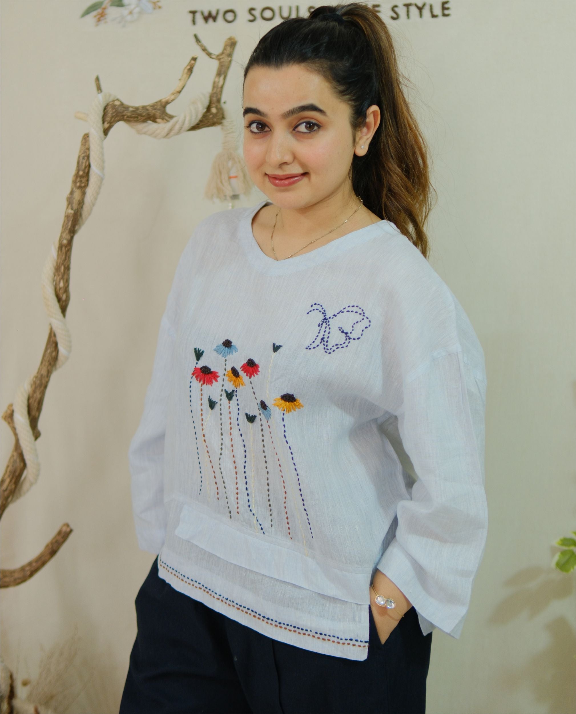 Women 100% Linen Top - Sunflowers Hand embroidery Ice Blue