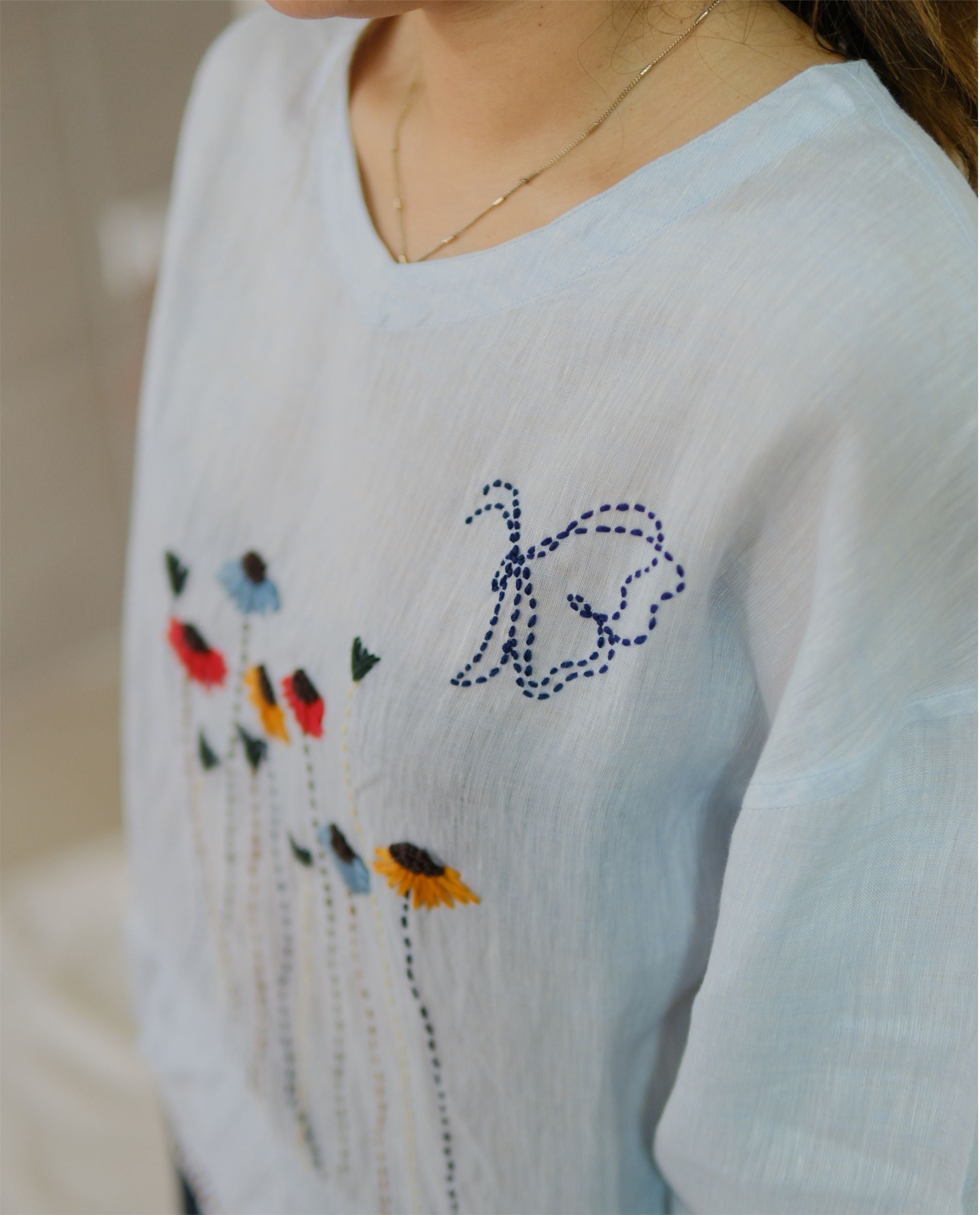 Women 100% Linen Top - Sunflowers Hand embroidery Ice Blue