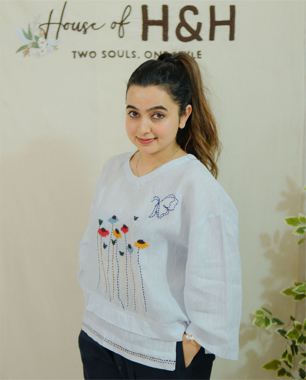 Women 100% Linen Top - Sunflowers Hand embroidery Ice Blue