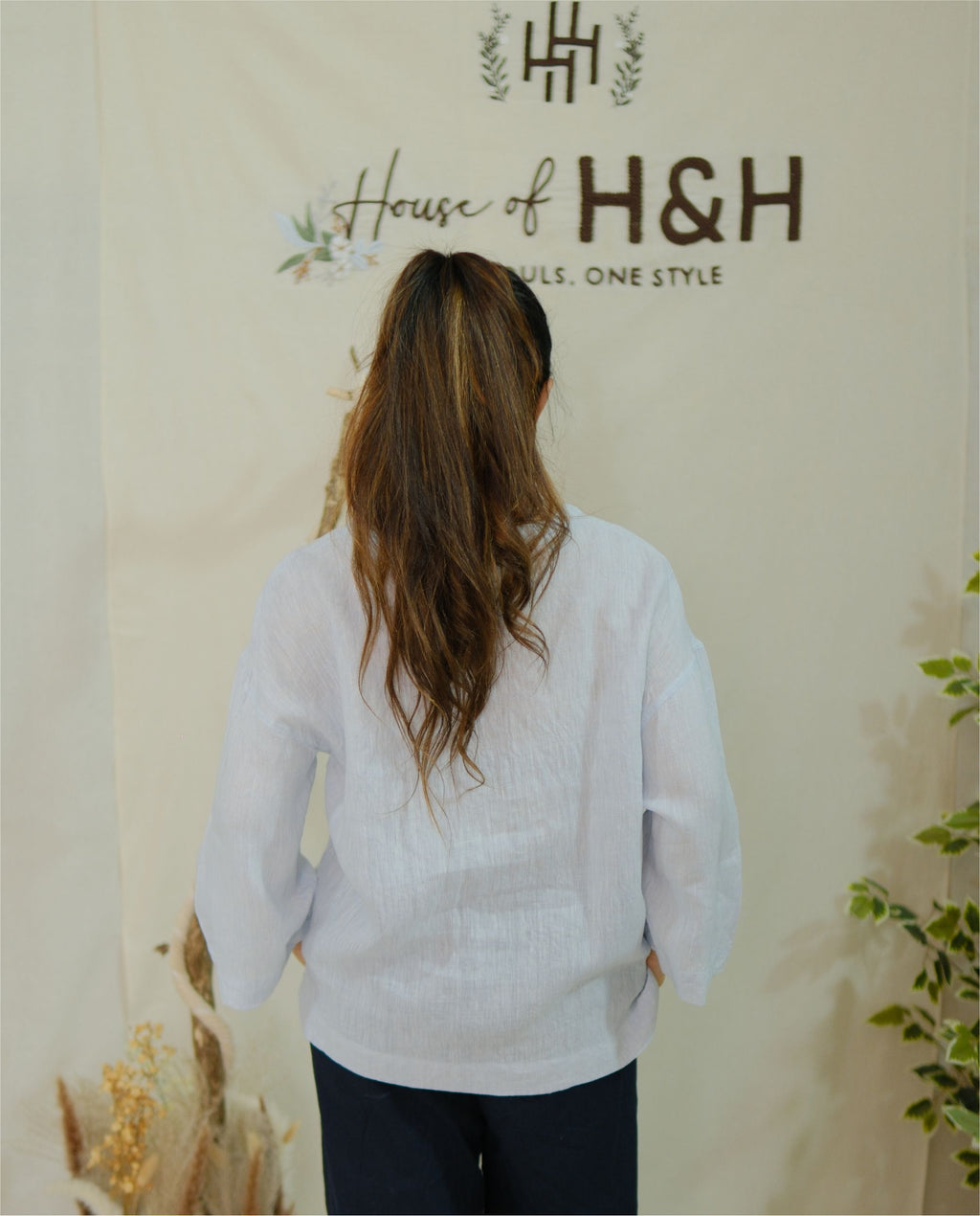 Women 100% Linen Top - Sunflowers Hand embroidery Ice Blue