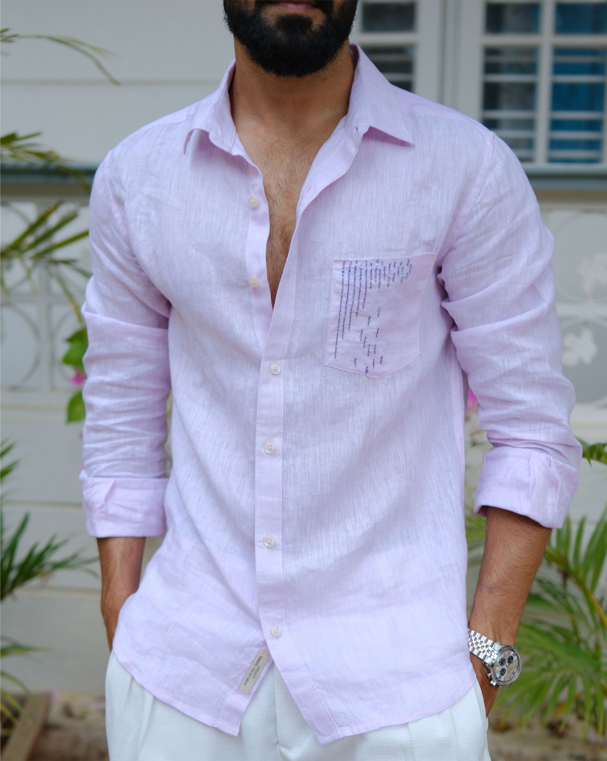 Men’s 100% Linen Shirt –  Beads Hand Embroidered Dusty Pink