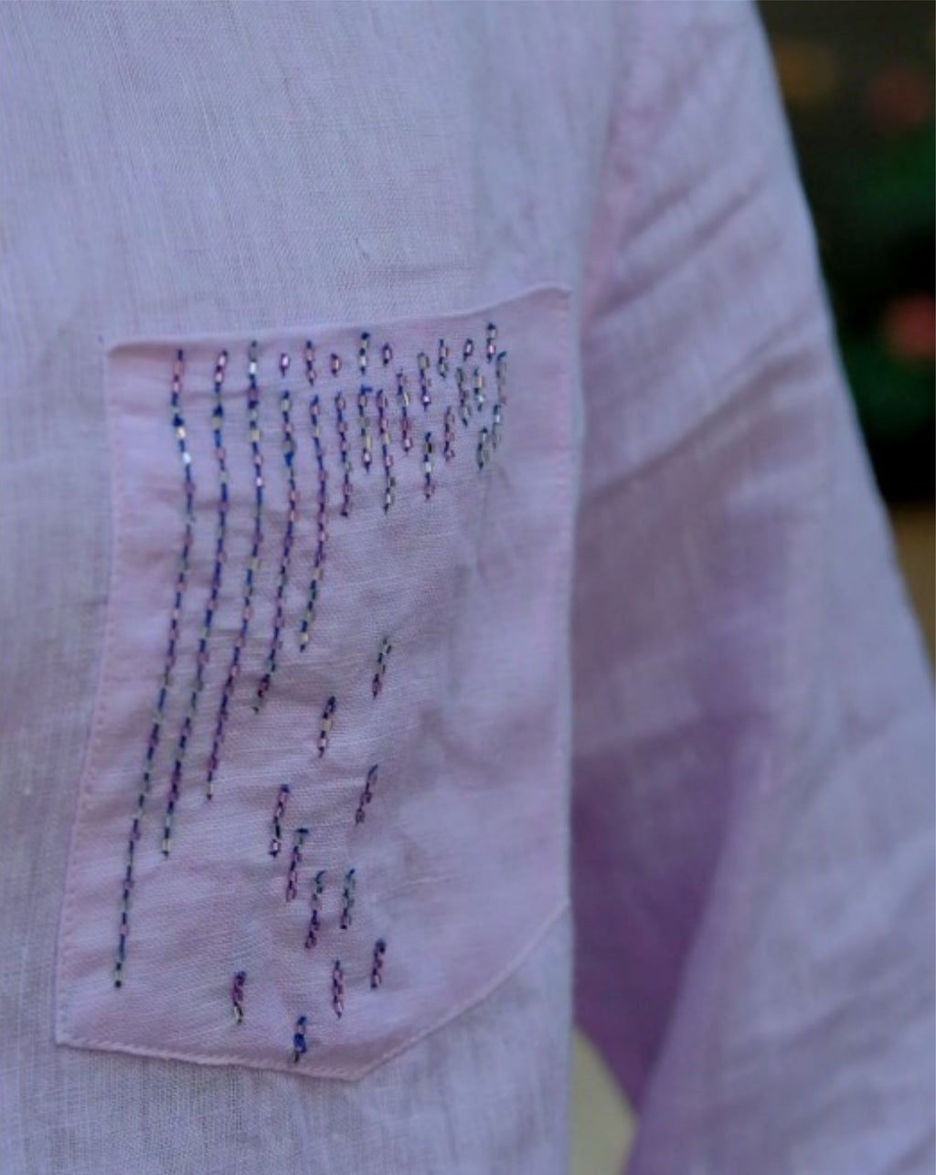 Men’s 100% Linen Shirt –  Beads Hand Embroidered Dusty Pink