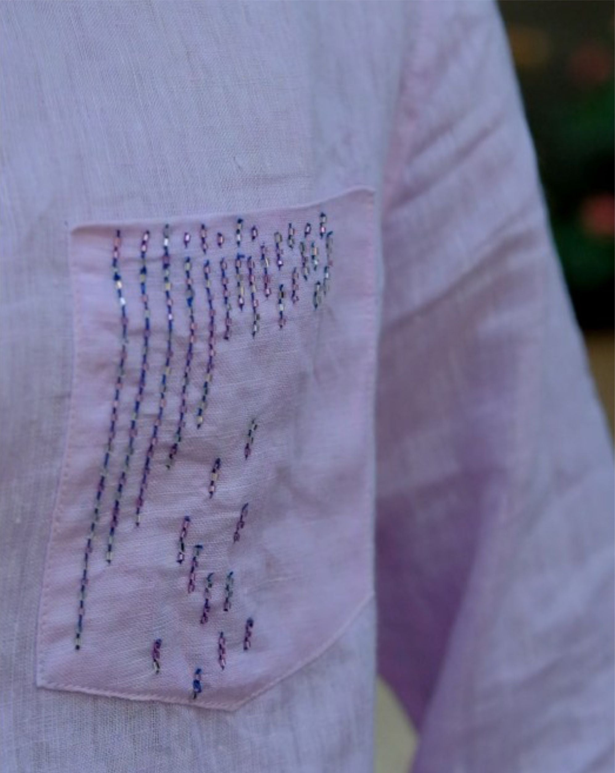 Men’s 100% Linen Shirt –  Beads Hand Embroidered Dusty Pink