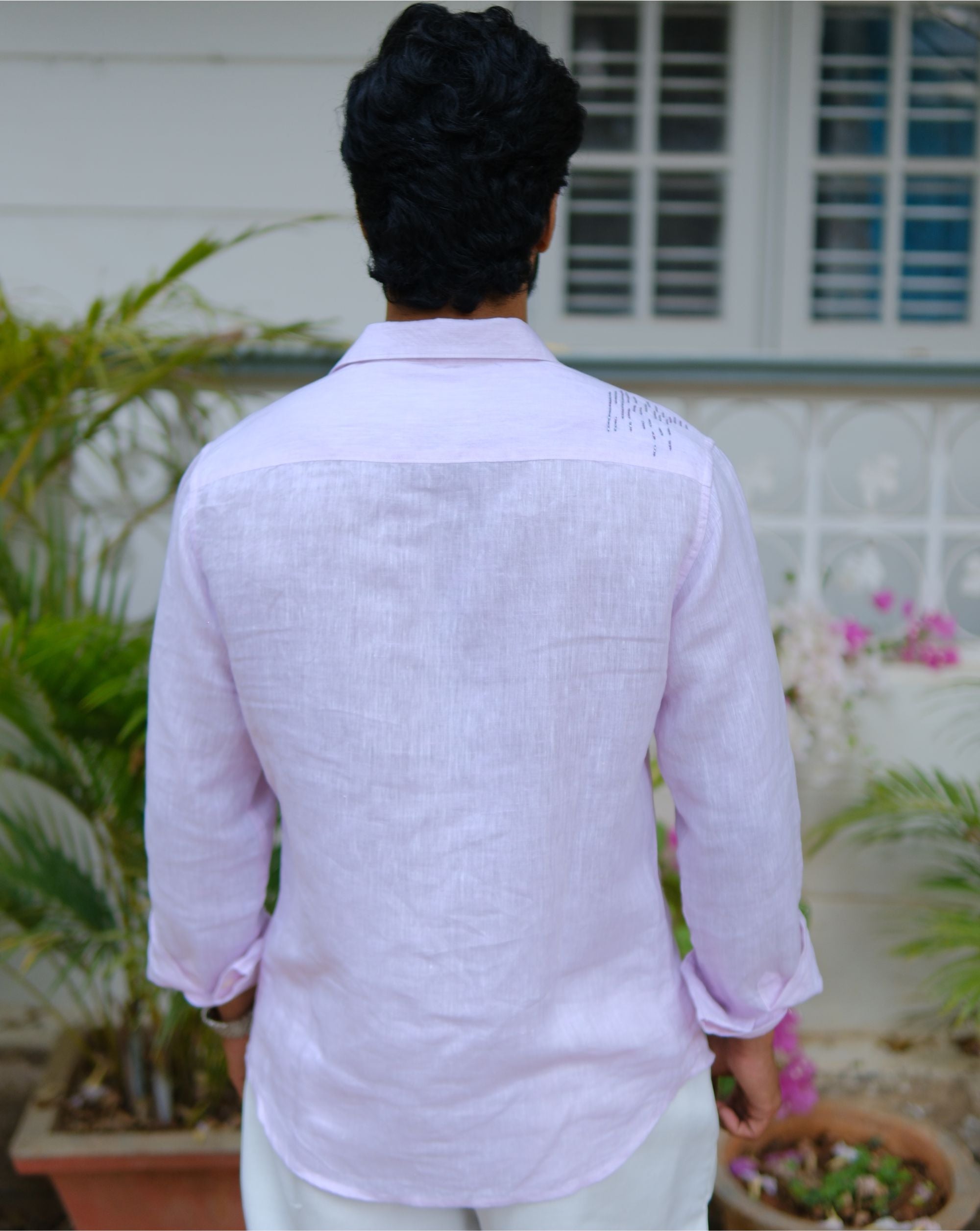 Men’s 100% Linen Shirt –  Beads Hand Embroidered Dusty Pink