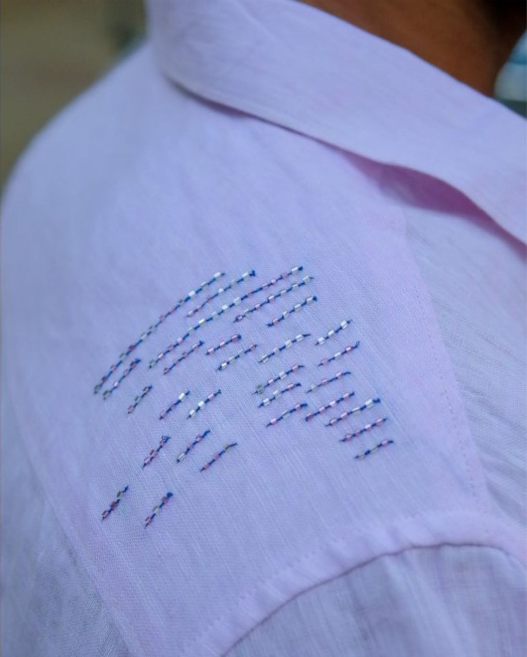 Men’s 100% Linen Shirt –  Beads Hand Embroidered Dusty Pink