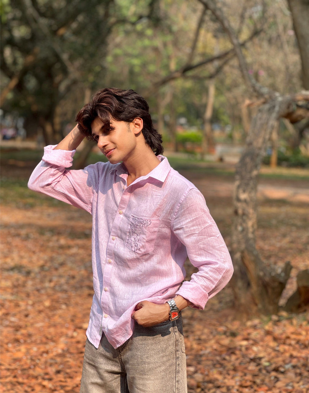 Men’s 100% Linen Shirt –  Beads Hand Embroidered Dusty Pink